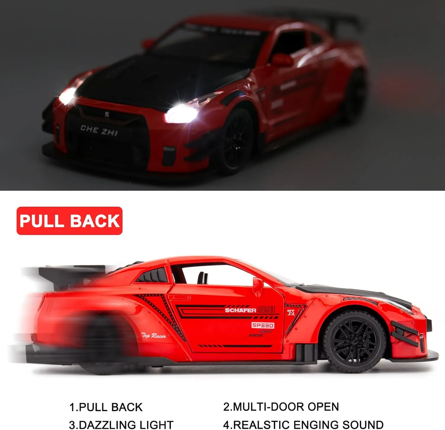 BDTCTK 1/24 Scale Compatible for Nissan GTR Model Car Toy, Zinc Alloy Pull Back Toy car with Sound and Light for Kids Boy Girl Gift (Red)