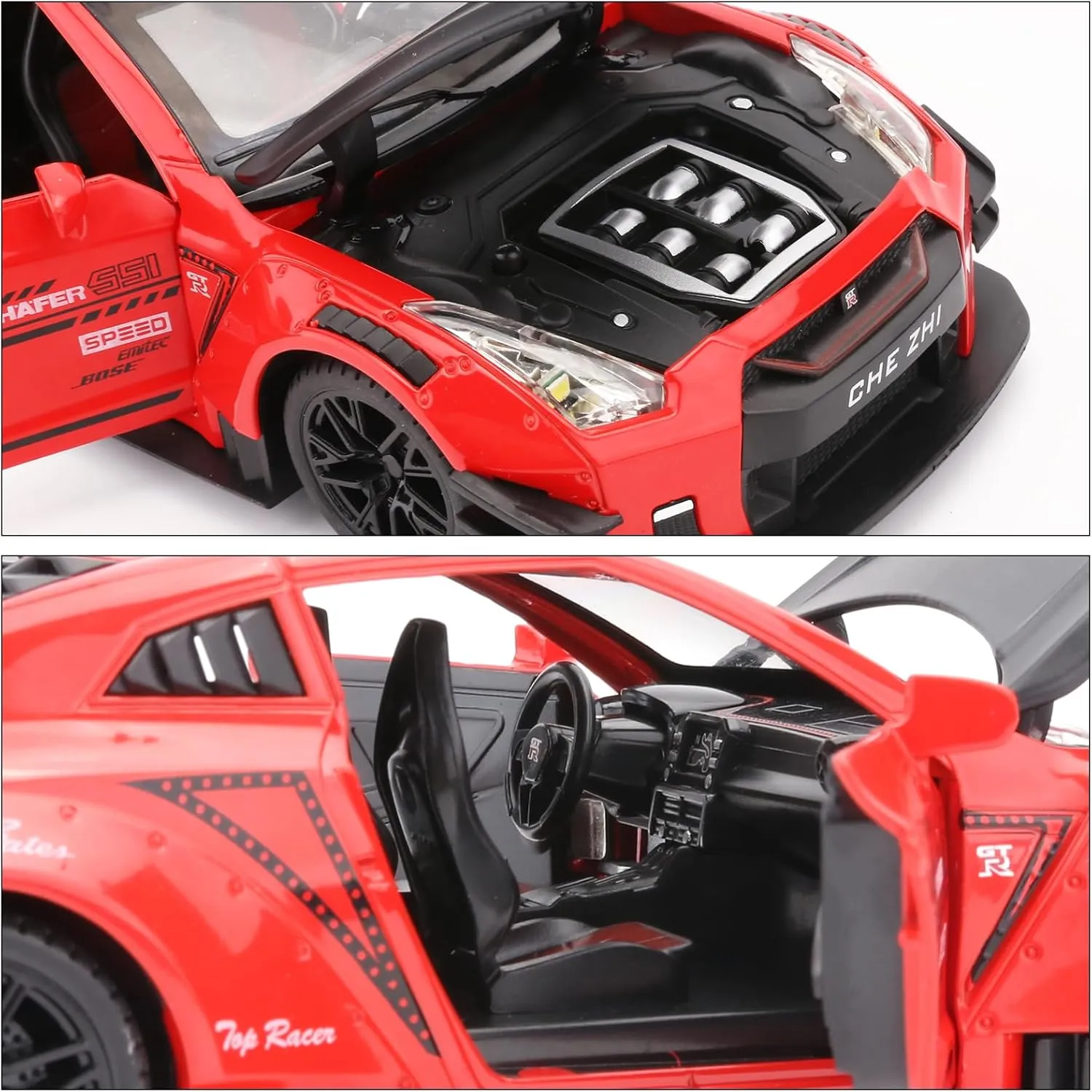 BDTCTK 1/24 Scale Compatible for Nissan GTR Model Car Toy, Zinc Alloy Pull Back Toy car with Sound and Light for Kids Boy Girl Gift (Red)