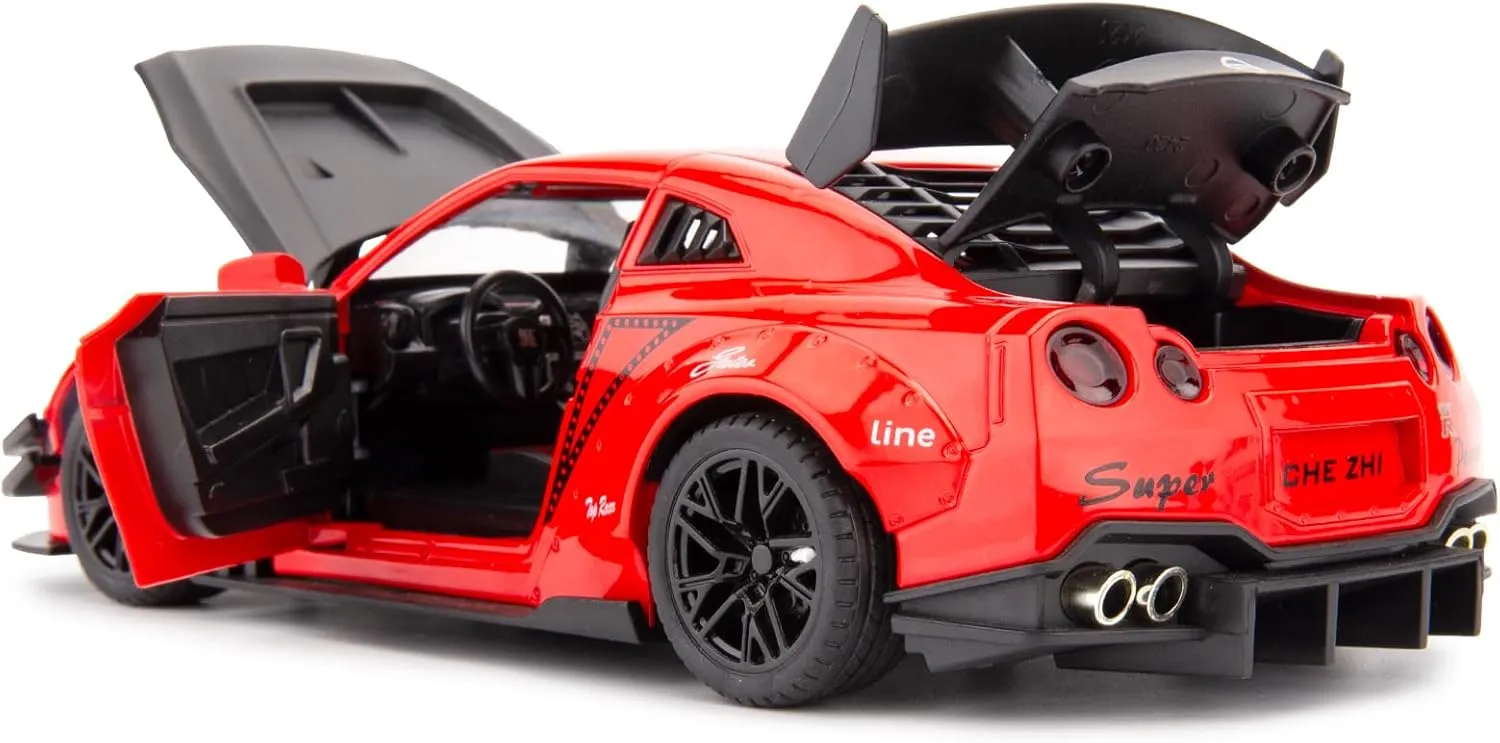 BDTCTK 1/24 Scale Compatible for Nissan GTR Model Car Toy, Zinc Alloy Pull Back Toy car with Sound and Light for Kids Boy Girl Gift (Red)