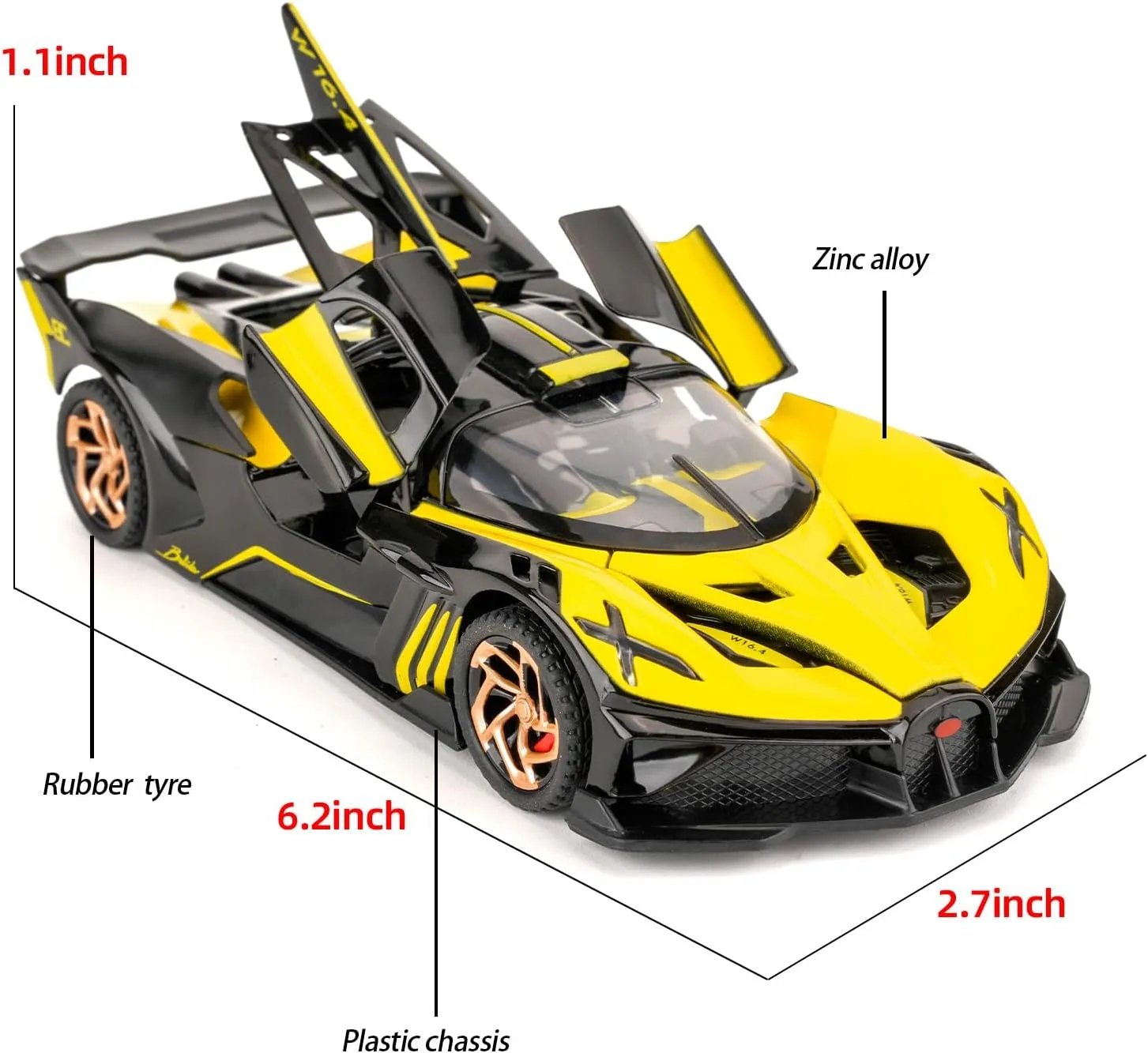BDTCTK 1/32 Bugatti Bolide Sports Model Car, Zinc Alloy Pull Back Toy Car with Sound and Light for Kids Boy Girl Gift(Yellow)
