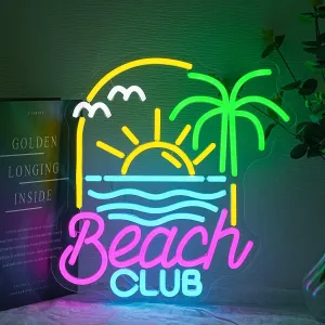 Beach Club Neon Sign for Wall Decor Coconut Tree Neon Light Summer Beach LED Neon Sign Colorful Led Neon Light for Store Hotel Bedroom Restaurant Decoration