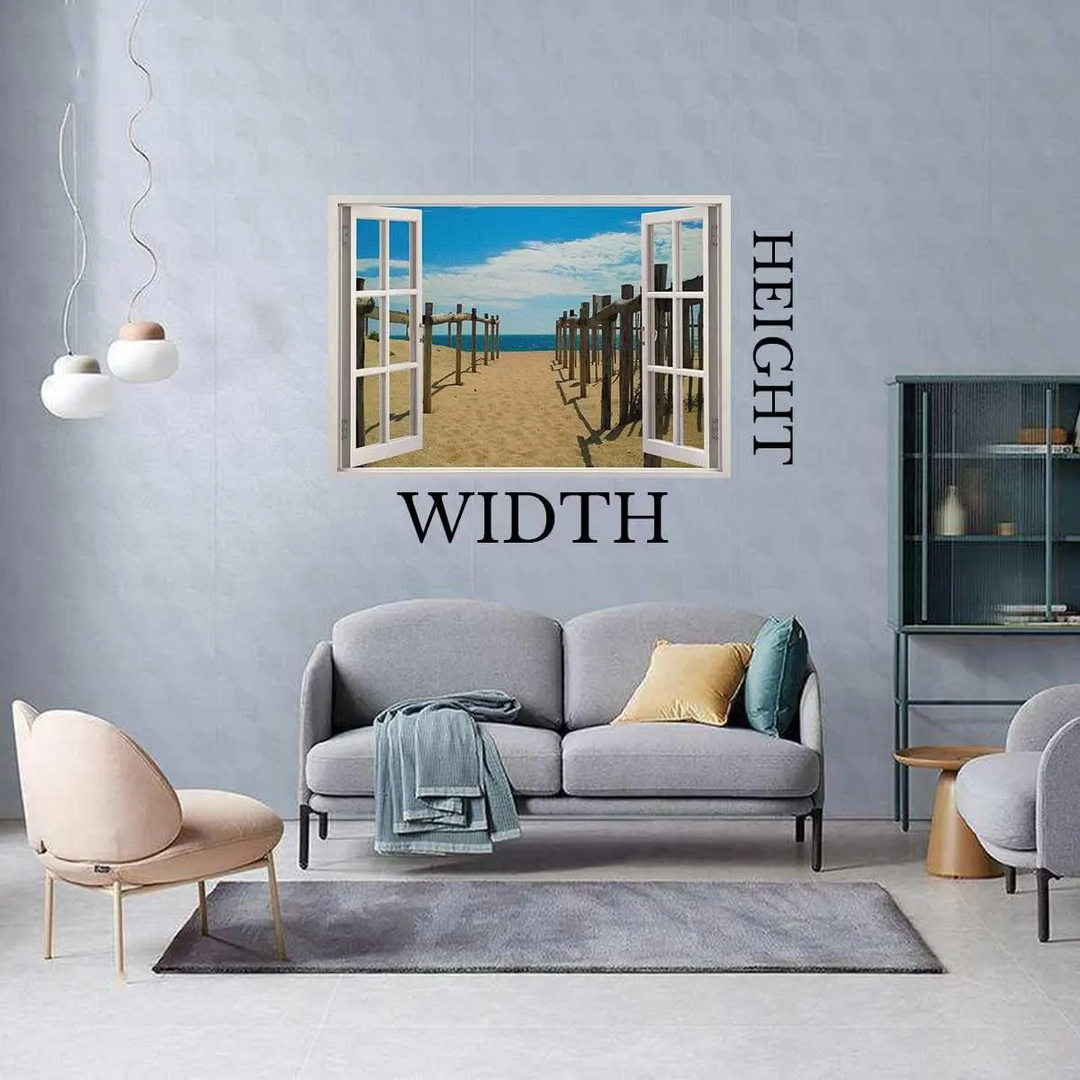Beach View Beach Photography Window Picture,White Window Wall Decal Boho Virtual Window Garage (W)35.4"X(H)27.5"