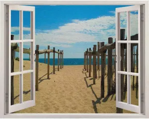 Beach View Beach Photography Window Picture,White Window Wall Decal Boho Virtual Window Garage (W)35.4"X(H)27.5"