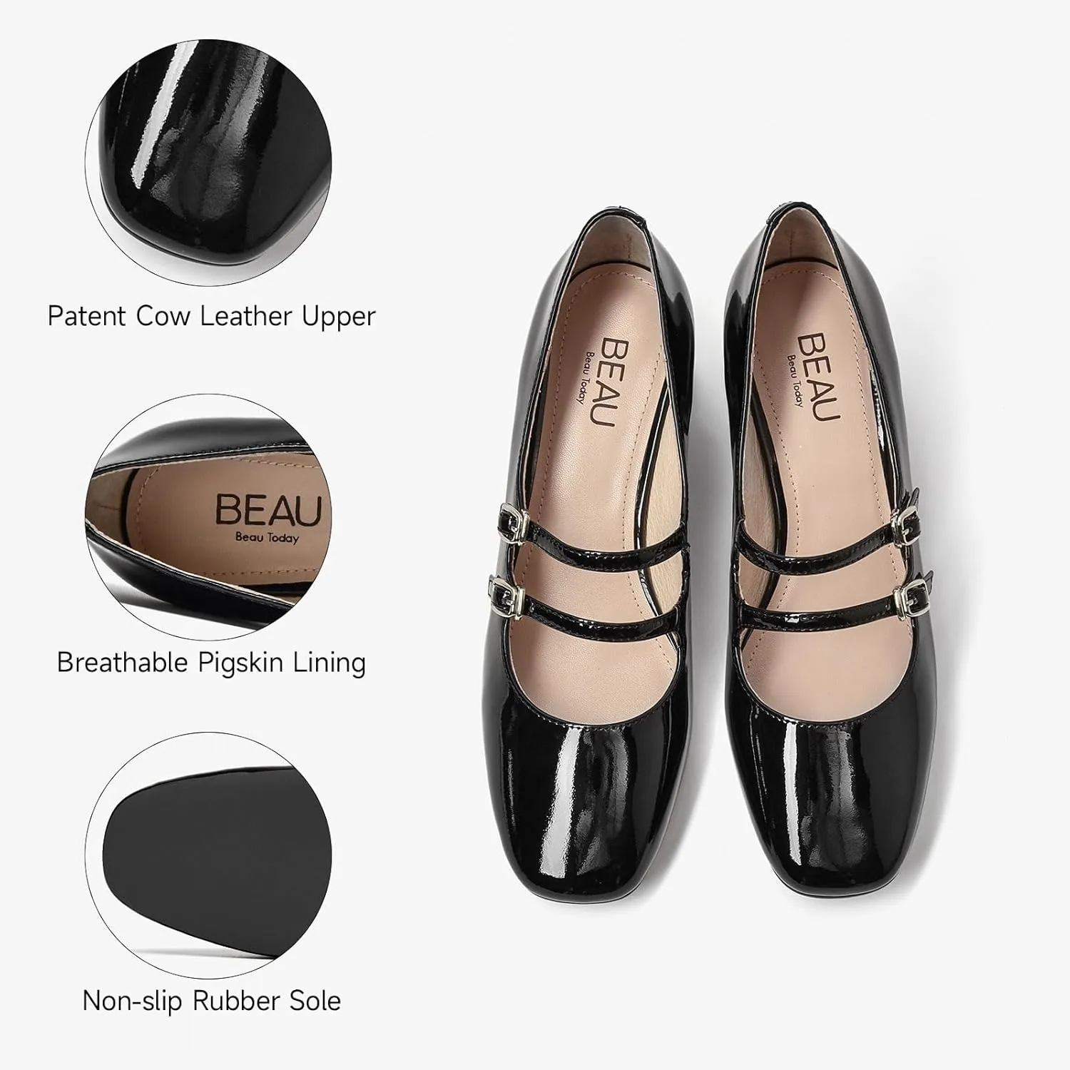 BEAU TODAY Mary Jane Pumps for Women, Women’s Chunky Heels Mary Janes Shoes, Patent Leather Pumps Platform Closed Square Toe Comfortable Buckle Strap Dress Shoes for Women