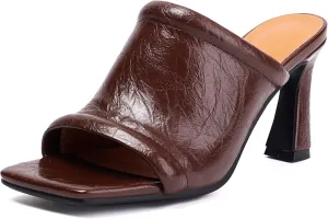 BEAUPAS Women's Square Toe Mule Sandals Block Heel Slip On High Heels
