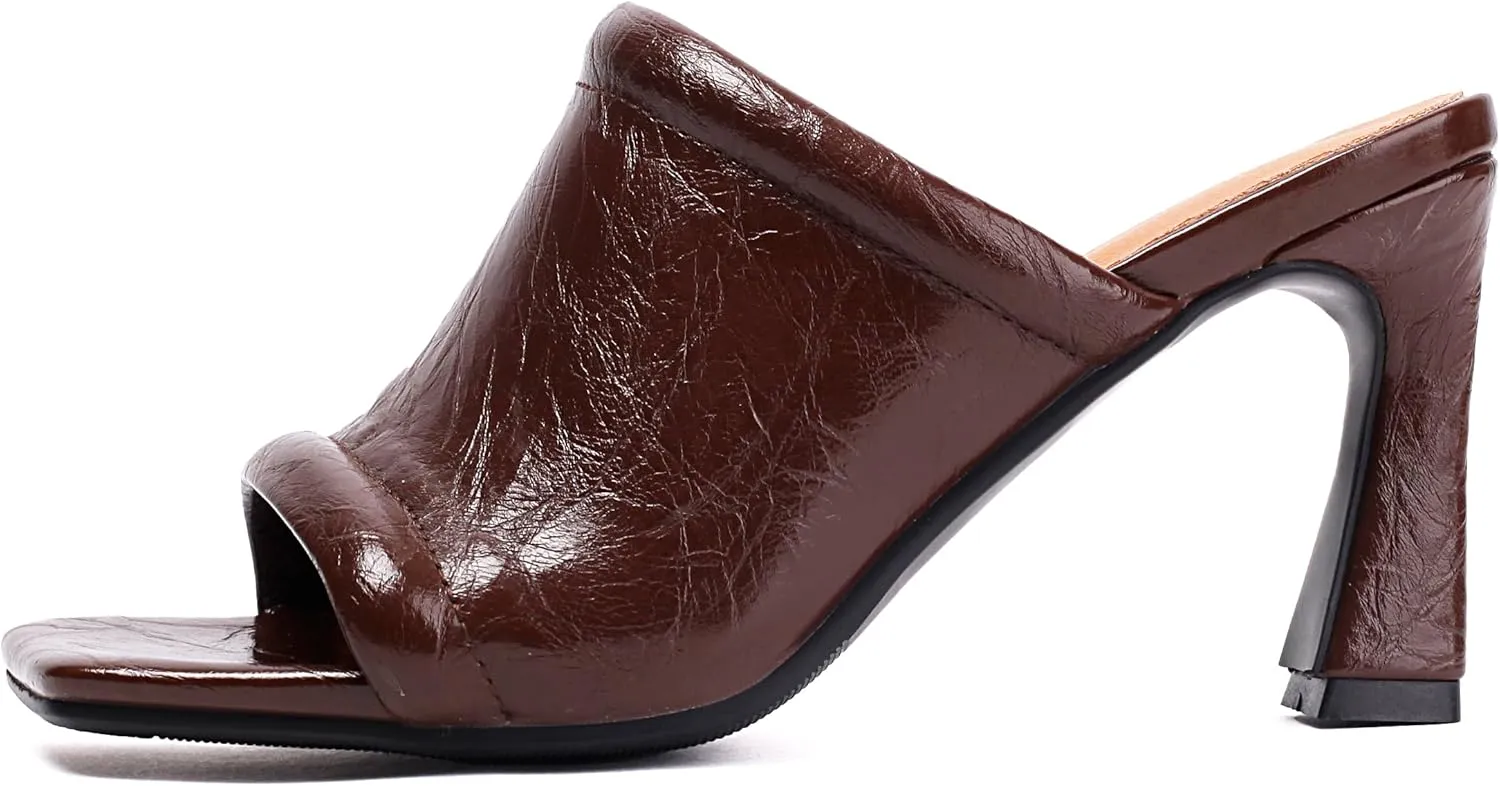 BEAUPAS Women's Square Toe Mule Sandals Block Heel Slip On High Heels