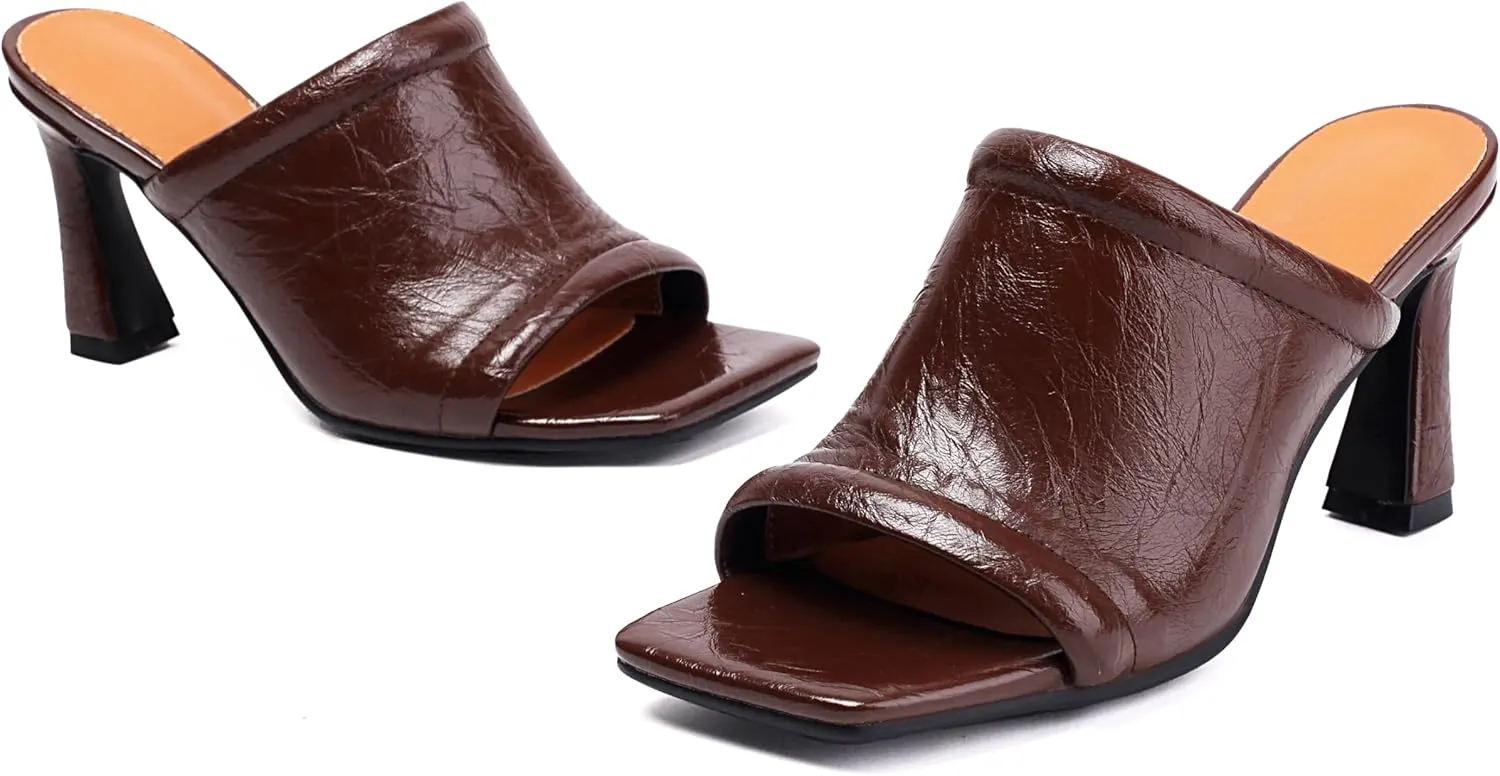 BEAUPAS Women's Square Toe Mule Sandals Block Heel Slip On High Heels