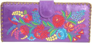 Beautiful Spanish Floral Embroidered Colorful Festive Faux Leather large flat wallet (Purple)