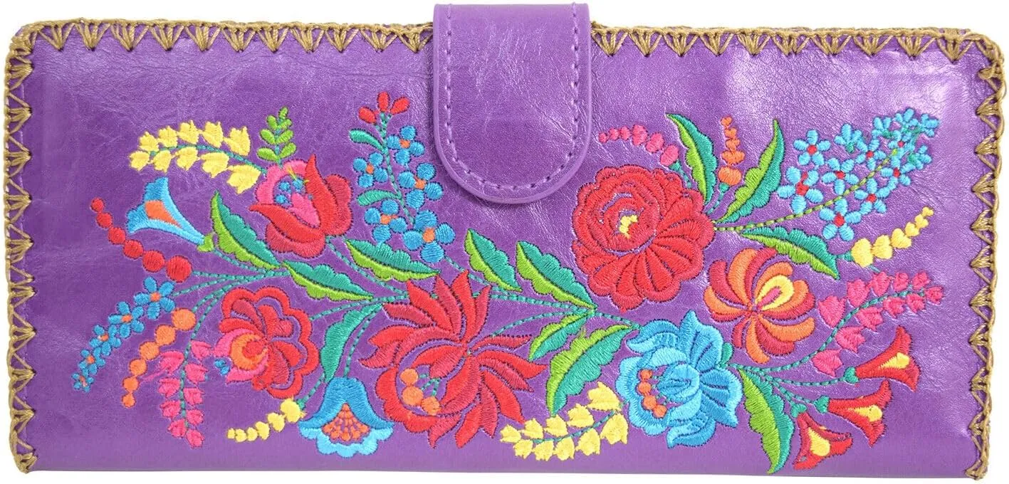 Beautiful Spanish Floral Embroidered Colorful Festive Faux Leather large flat wallet (Purple)