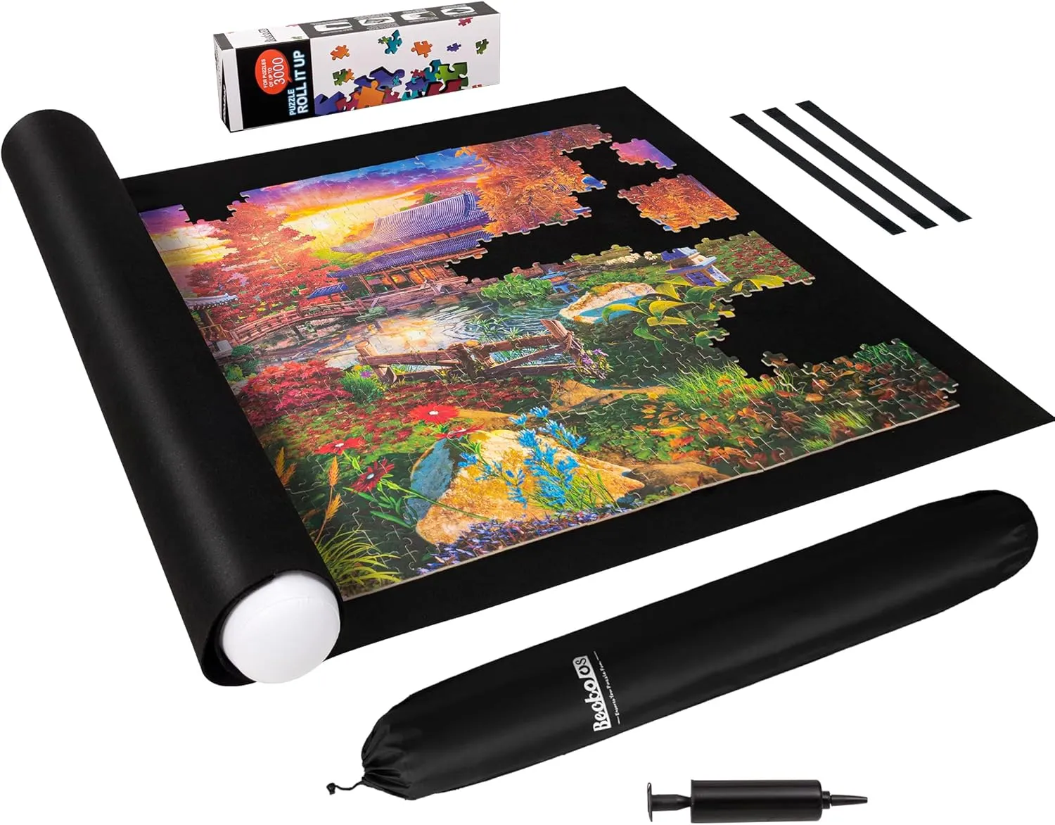 Becko US 3000 Piece Puzzle Mat Roll Up with Drawstring Bag & Black Pump, Jigsaw Felt Mat with Anti-Leak Tube & 3 Elastic Bands for Easy Storage, Portable Puzzle Keeper for 3000 2000 1500 1000 Pieces