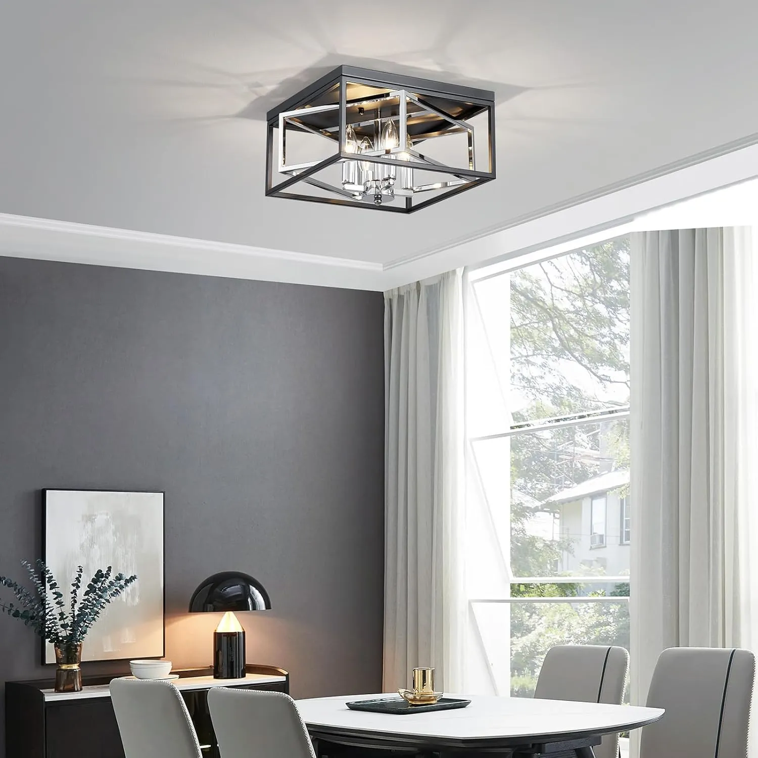 Black and Chrome Ceiling Light, Flush Mount Ceiling Light for Living Room, Hallway, Dining Room, D12.6'' × H7'', 4 * E12 Sockets, Black Finish Frame & Adjustable Chrome Metal Inside Frame