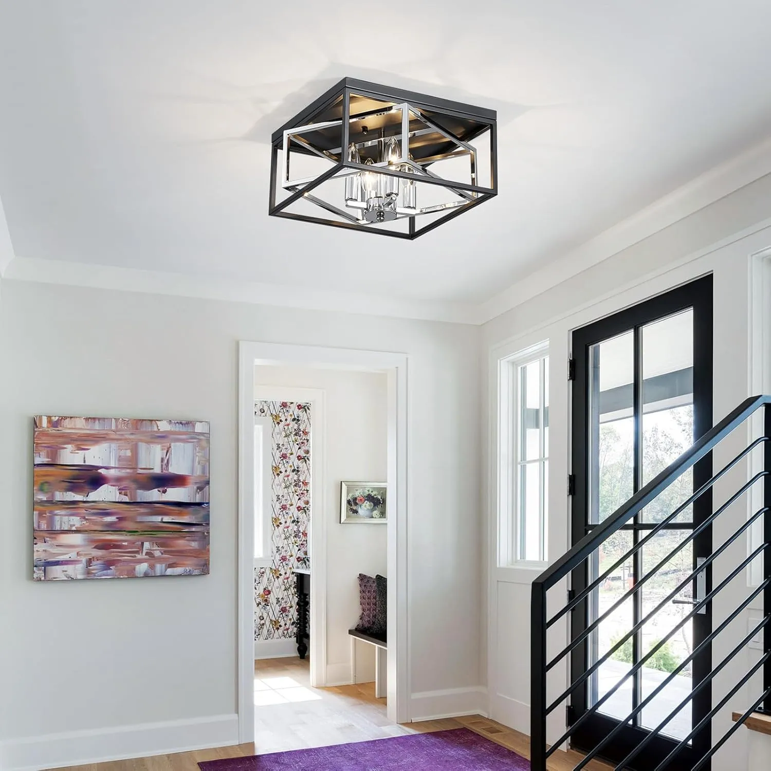 Black and Chrome Ceiling Light, Flush Mount Ceiling Light for Living Room, Hallway, Dining Room, D12.6'' × H7'', 4 * E12 Sockets, Black Finish Frame & Adjustable Chrome Metal Inside Frame