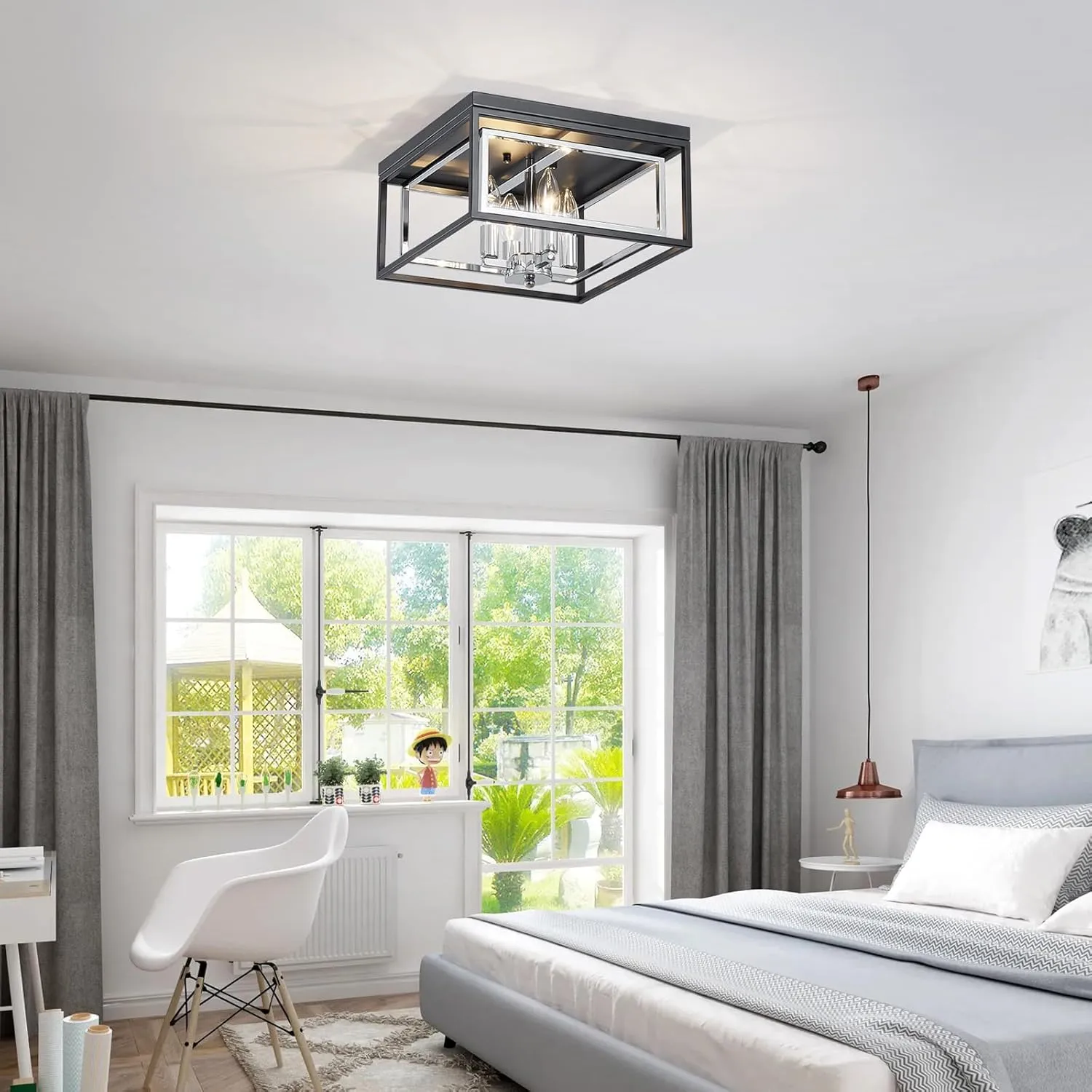 Black and Chrome Ceiling Light, Flush Mount Ceiling Light for Living Room, Hallway, Dining Room, D12.6'' × H7'', 4 * E12 Sockets, Black Finish Frame & Adjustable Chrome Metal Inside Frame