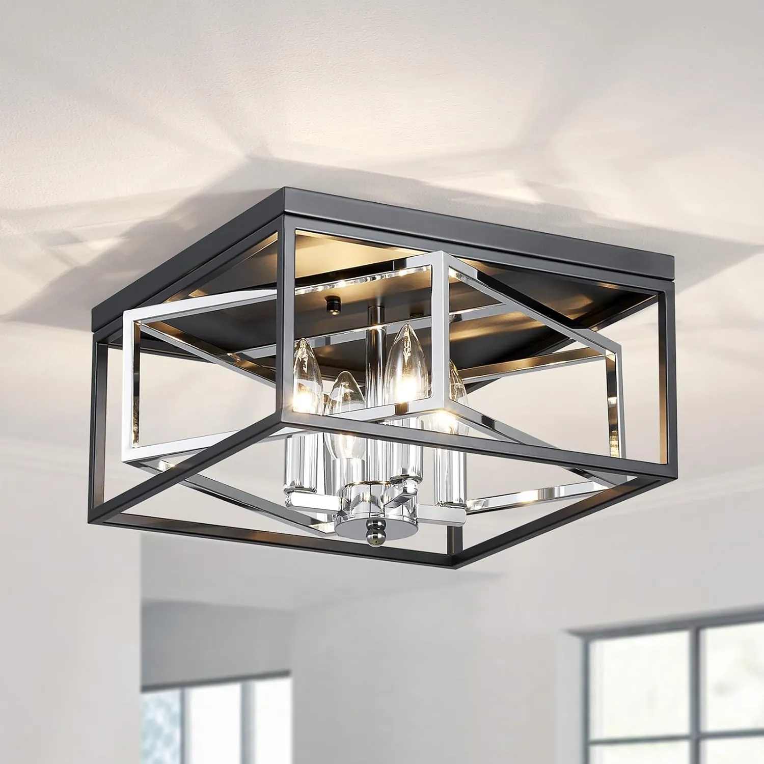 Black and Chrome Ceiling Light, Flush Mount Ceiling Light for Living Room, Hallway, Dining Room, D12.6'' × H7'', 4 * E12 Sockets, Black Finish Frame & Adjustable Chrome Metal Inside Frame