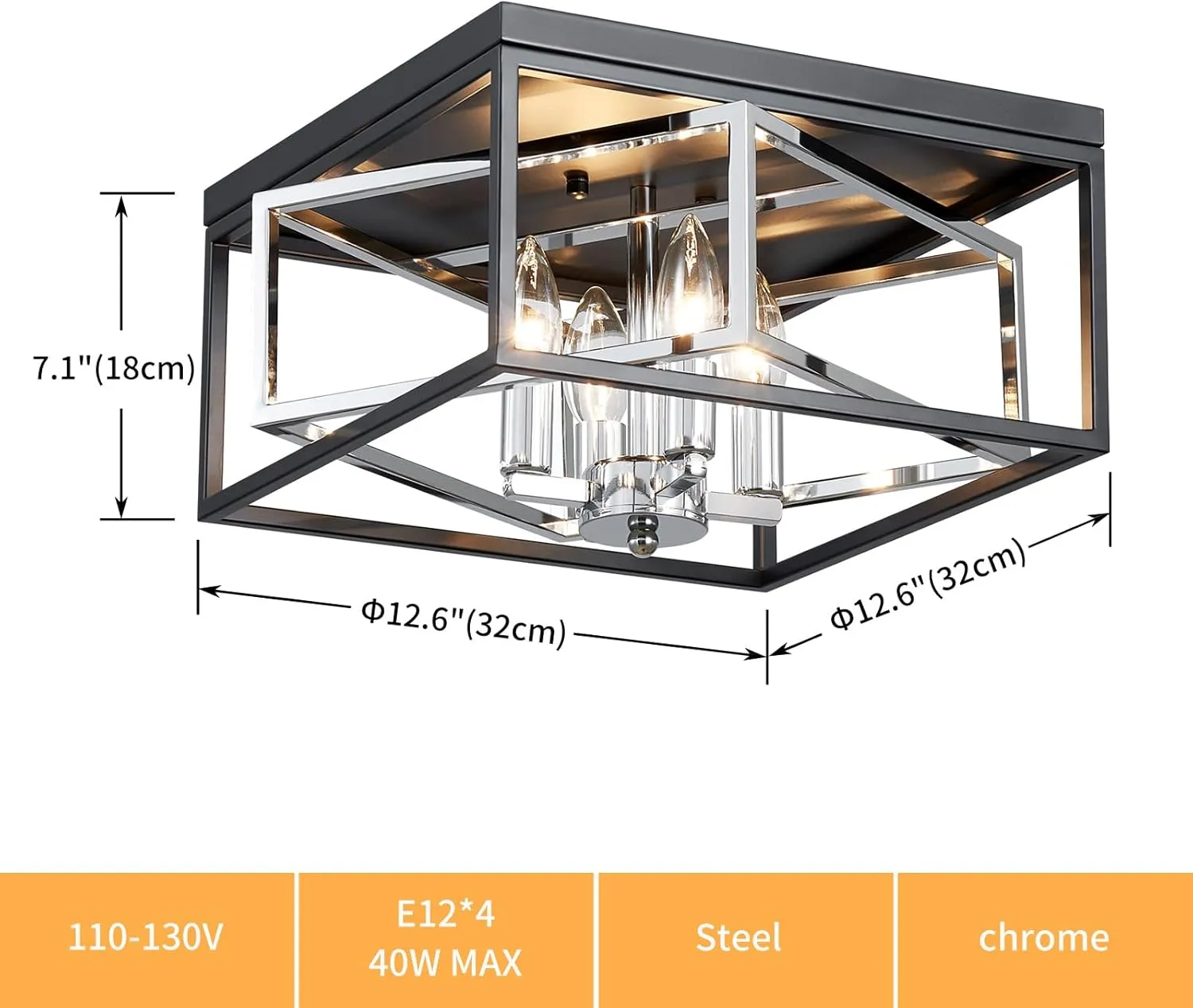 Black and Chrome Ceiling Light, Flush Mount Ceiling Light for Living Room, Hallway, Dining Room, D12.6'' × H7'', 4 * E12 Sockets, Black Finish Frame & Adjustable Chrome Metal Inside Frame
