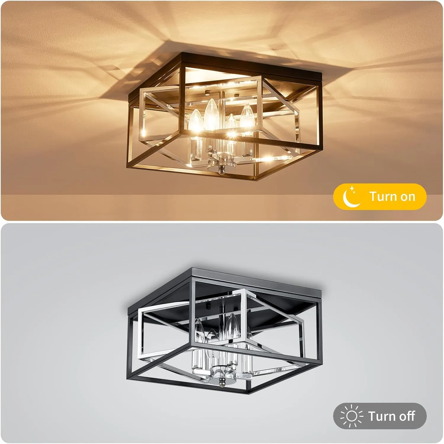 Black and Chrome Ceiling Light, Flush Mount Ceiling Light for Living Room, Hallway, Dining Room, D12.6'' × H7'', 4 * E12 Sockets, Black Finish Frame & Adjustable Chrome Metal Inside Frame