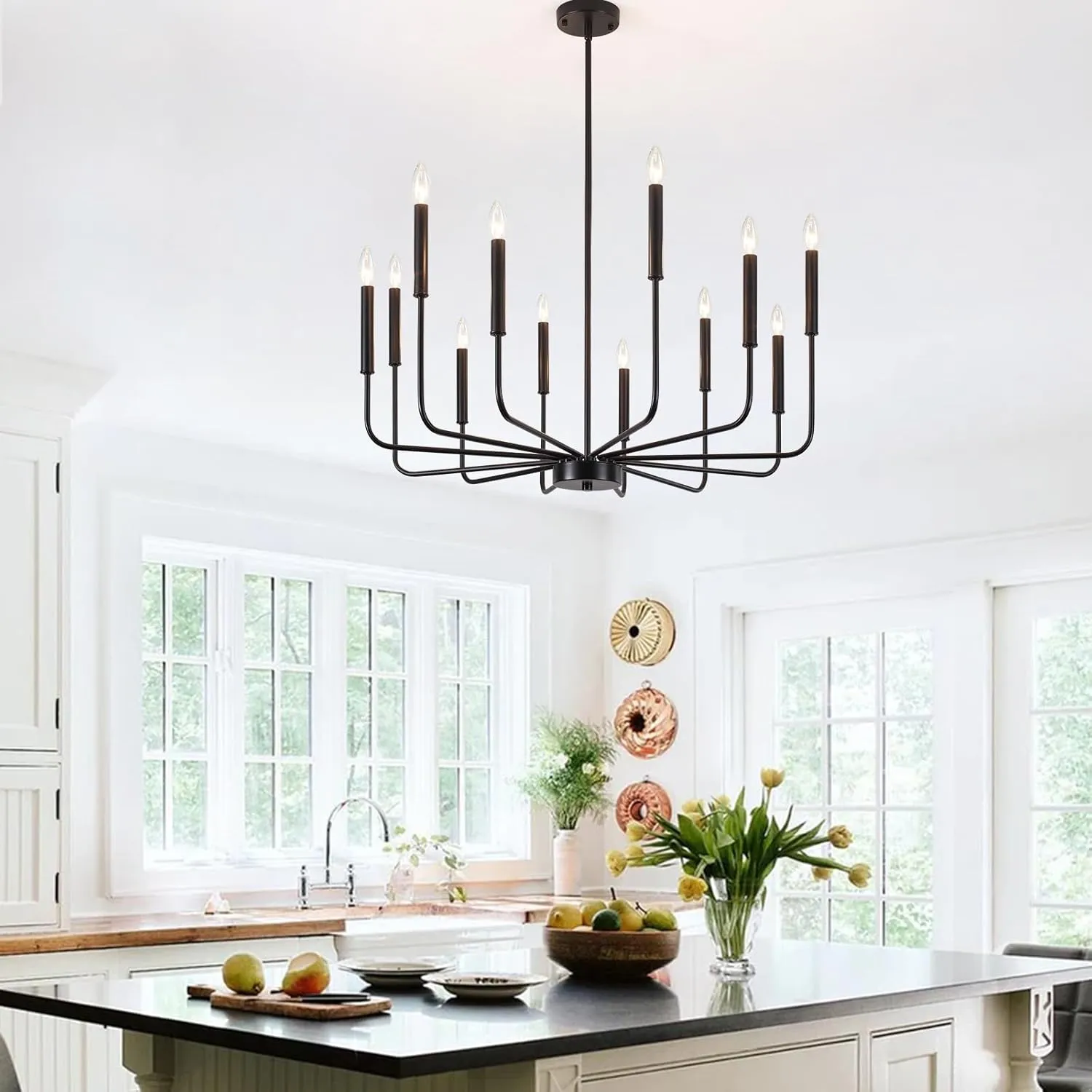Black Chandelier 12 Lights Farmhouse Chandelier for Dining Room Light Fixtures Rustic Industrial Candle Chandeliers Modern Pendant Lighting Fixtures for Kitchen Living Room Entryway