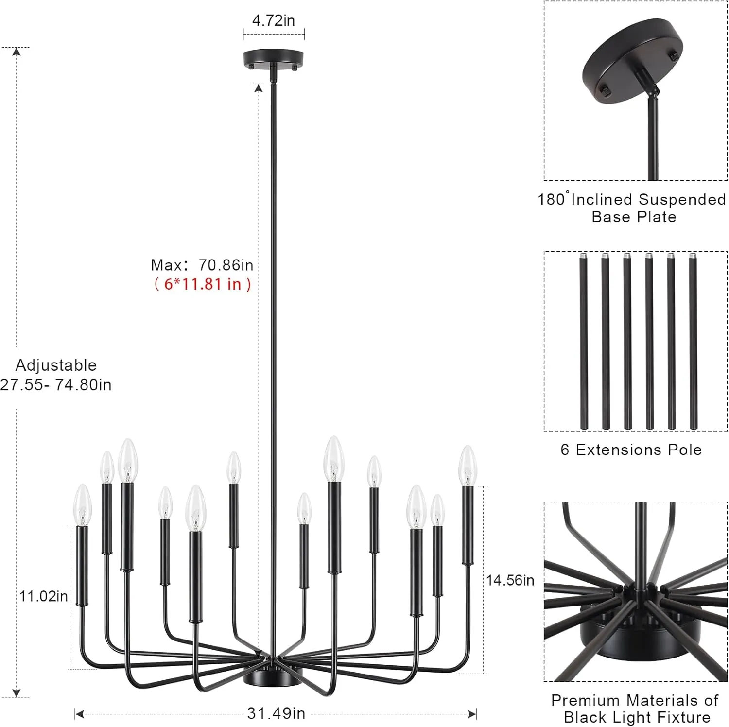Black Chandelier 12 Lights Farmhouse Chandelier for Dining Room Light Fixtures Rustic Industrial Candle Chandeliers Modern Pendant Lighting Fixtures for Kitchen Living Room Entryway