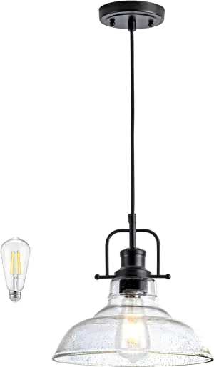 Black Industrial Pendant Light Farmhouse 1-Light with Adjustable Cord, Seeded Glass Shade,Rectangle Cute Hanging Lights for Hallway, Kitchen Island, Dinning Room