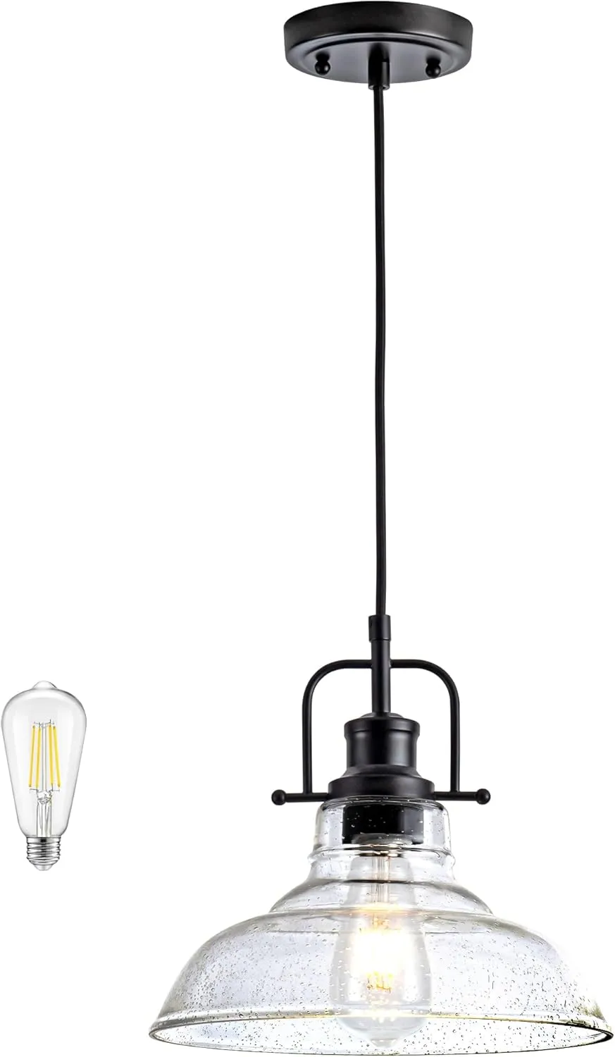 Black Industrial Pendant Light Farmhouse 1-Light with Adjustable Cord, Seeded Glass Shade,Rectangle Cute Hanging Lights for Hallway, Kitchen Island, Dinning Room