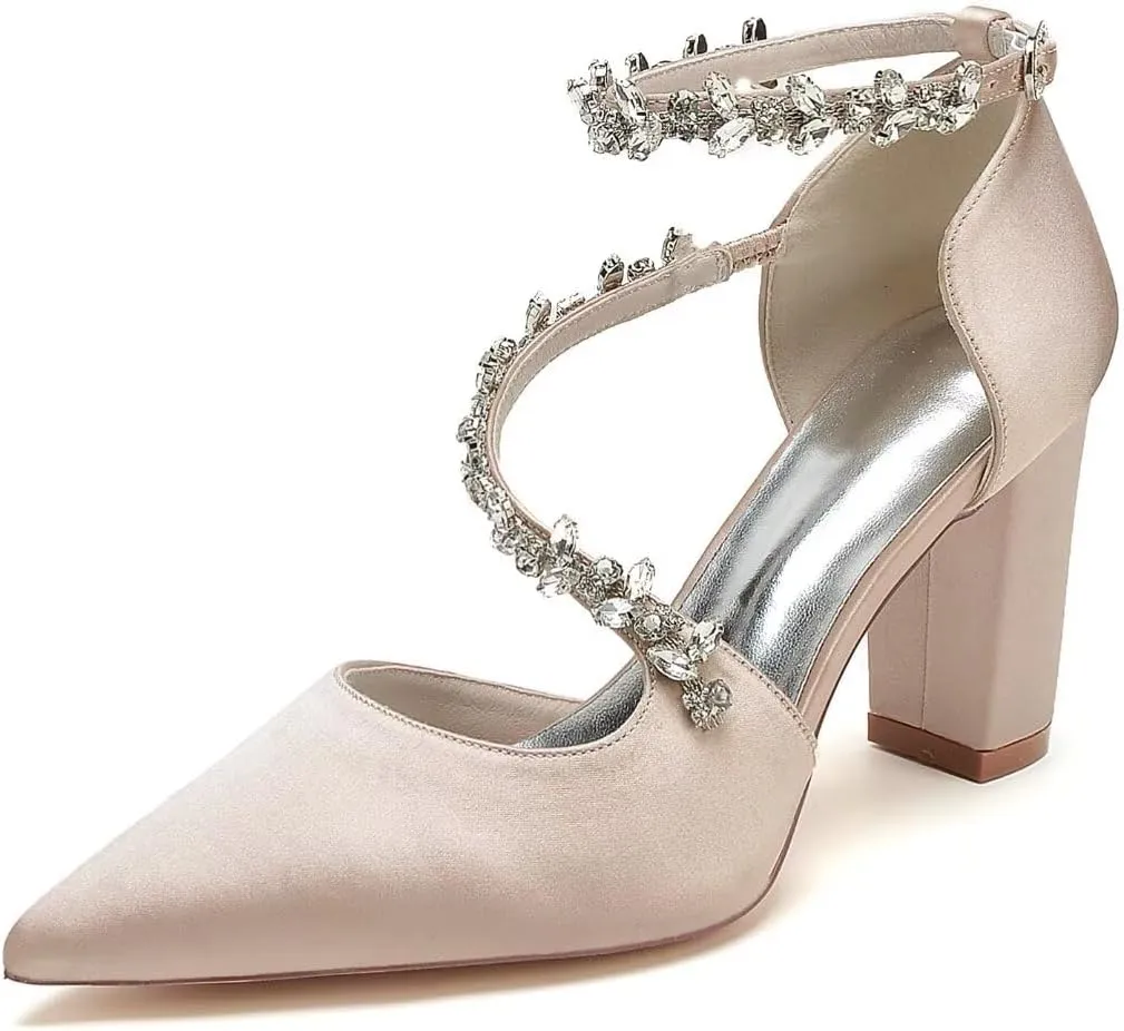 Block Heel Wedding Shoes for Bride Pointed Toe Rhinestones Strappy Bridal Heels Evening Formal Dress Shoes