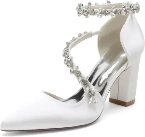 Block Heel Wedding Shoes for Bride Pointed Toe Rhinestones Strappy Bridal Heels Evening Formal Dress Shoes
