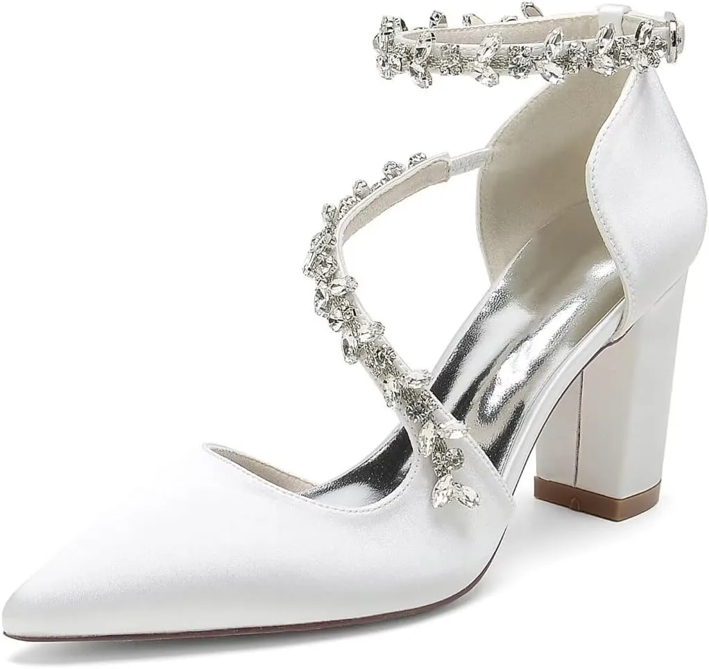 Block Heel Wedding Shoes for Bride Pointed Toe Rhinestones Strappy Bridal Heels Evening Formal Dress Shoes