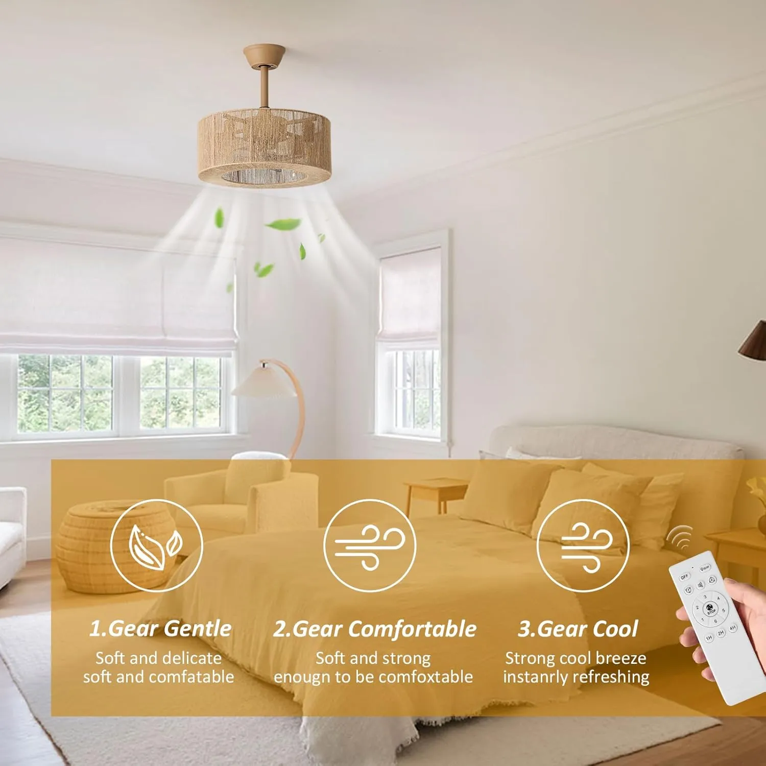 Boho Caged Ceiling Fan with Lights, 18 Inch Rattan Fandelier Ceiling Fans with Light and Remote Control, Coastal Enclosed 6 Speeds for Bedroom, Kitchen, Dining Room