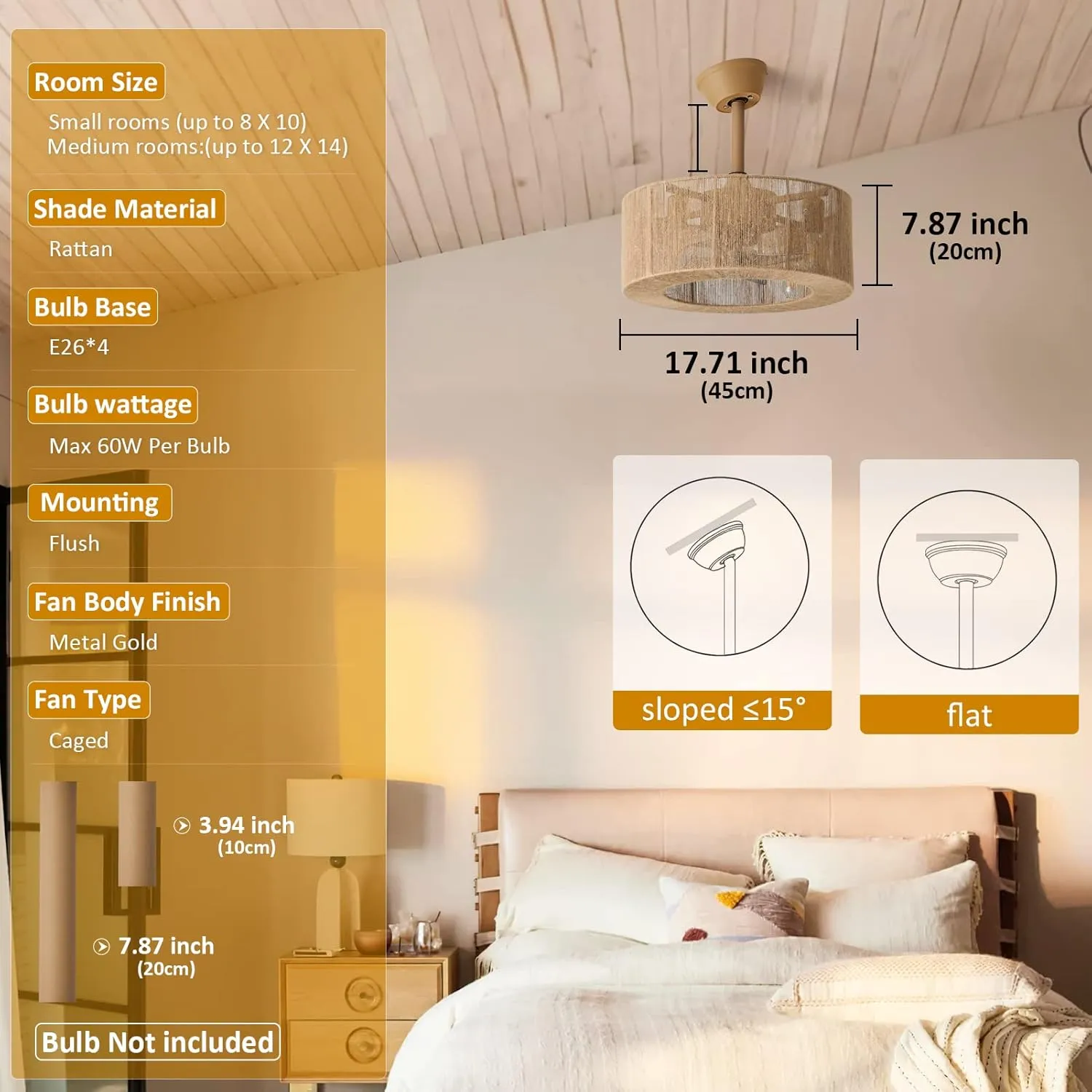 Boho Caged Ceiling Fan with Lights, 18 Inch Rattan Fandelier Ceiling Fans with Light and Remote Control, Coastal Enclosed 6 Speeds for Bedroom, Kitchen, Dining Room