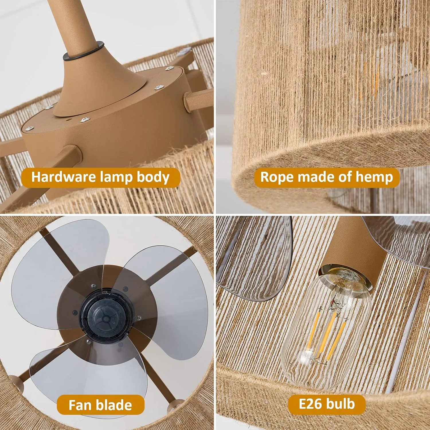 Boho Caged Ceiling Fan with Lights, 18 Inch Rattan Fandelier Ceiling Fans with Light and Remote Control, Coastal Enclosed 6 Speeds for Bedroom, Kitchen, Dining Room