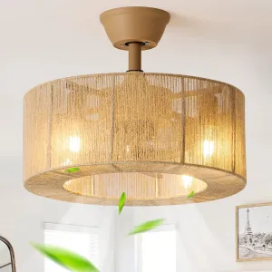 Boho Caged Ceiling Fan with Lights, 18 Inch Rattan Fandelier Ceiling Fans with Light and Remote Control, Coastal Enclosed 6 Speeds for Bedroom, Kitchen, Dining Room