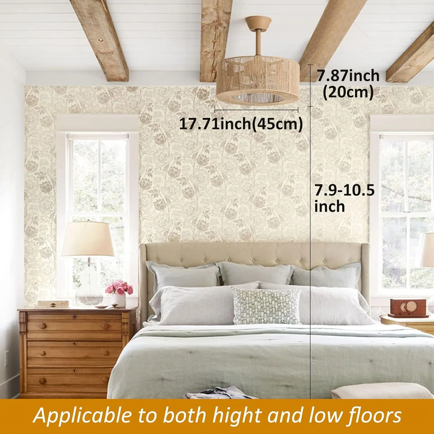 Boho Caged Ceiling Fan with Lights, 18 Inch Rattan Fandelier Ceiling Fans with Light and Remote Control, Coastal Enclosed 6 Speeds for Bedroom, Kitchen, Dining Room