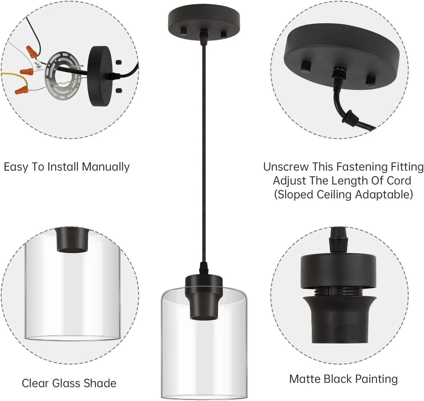 BoostArea Modern Pendant Light Fixtures, Industrial Hanging Ceiling Lamp with Clear Glass Shade, Farmhouse Black Pendant Lighting for Kitchen Island Decor Living Room Hallway Bedroom Dining Hall Bar