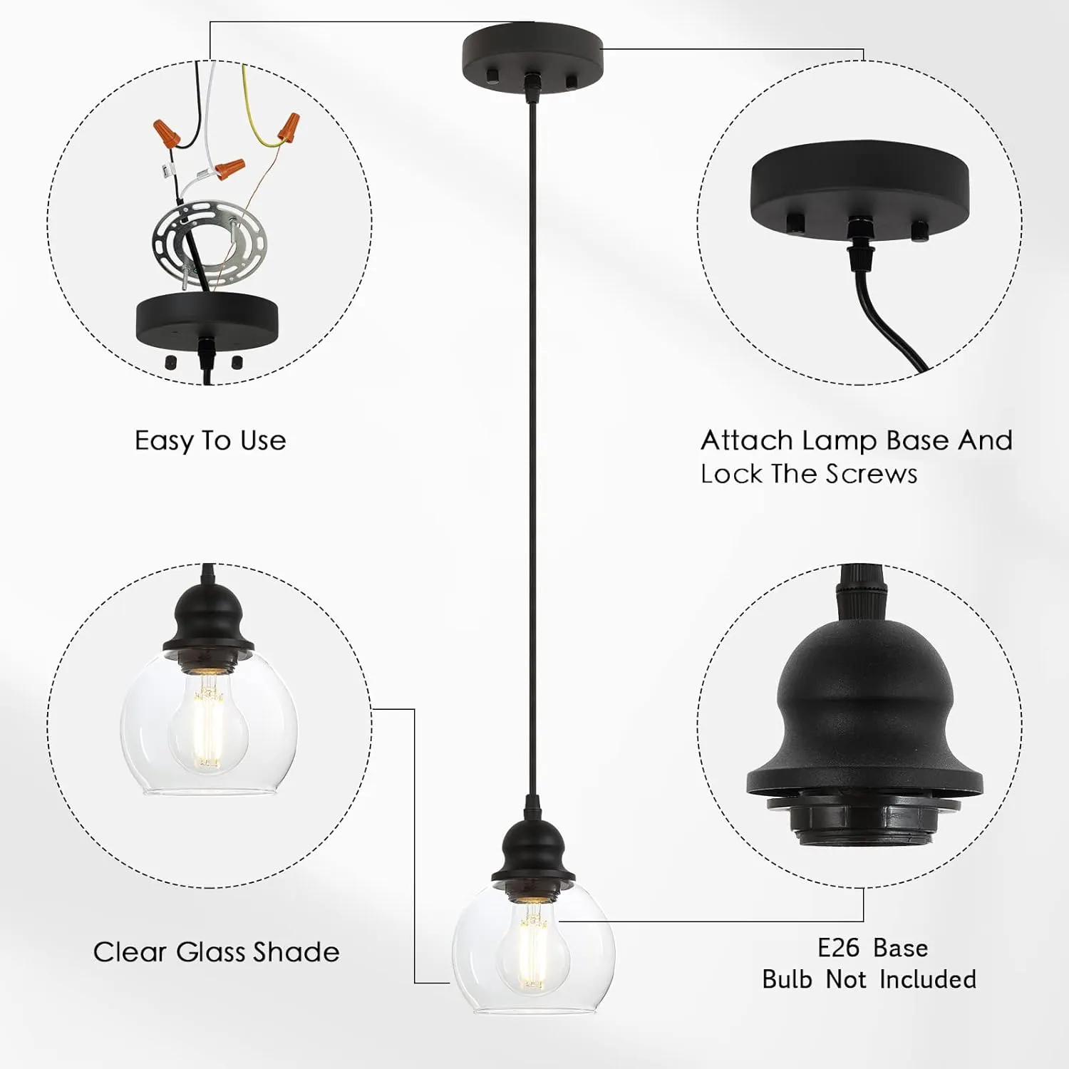 BoostArea Modern Pendant Light Fixtures, Industrial Hanging Ceiling Lamp with Clear Glass Shade, Pendant Lighting for Kitchen Island Living Room Hallway Bedroom Dining Hall Office Bar Farmhouse