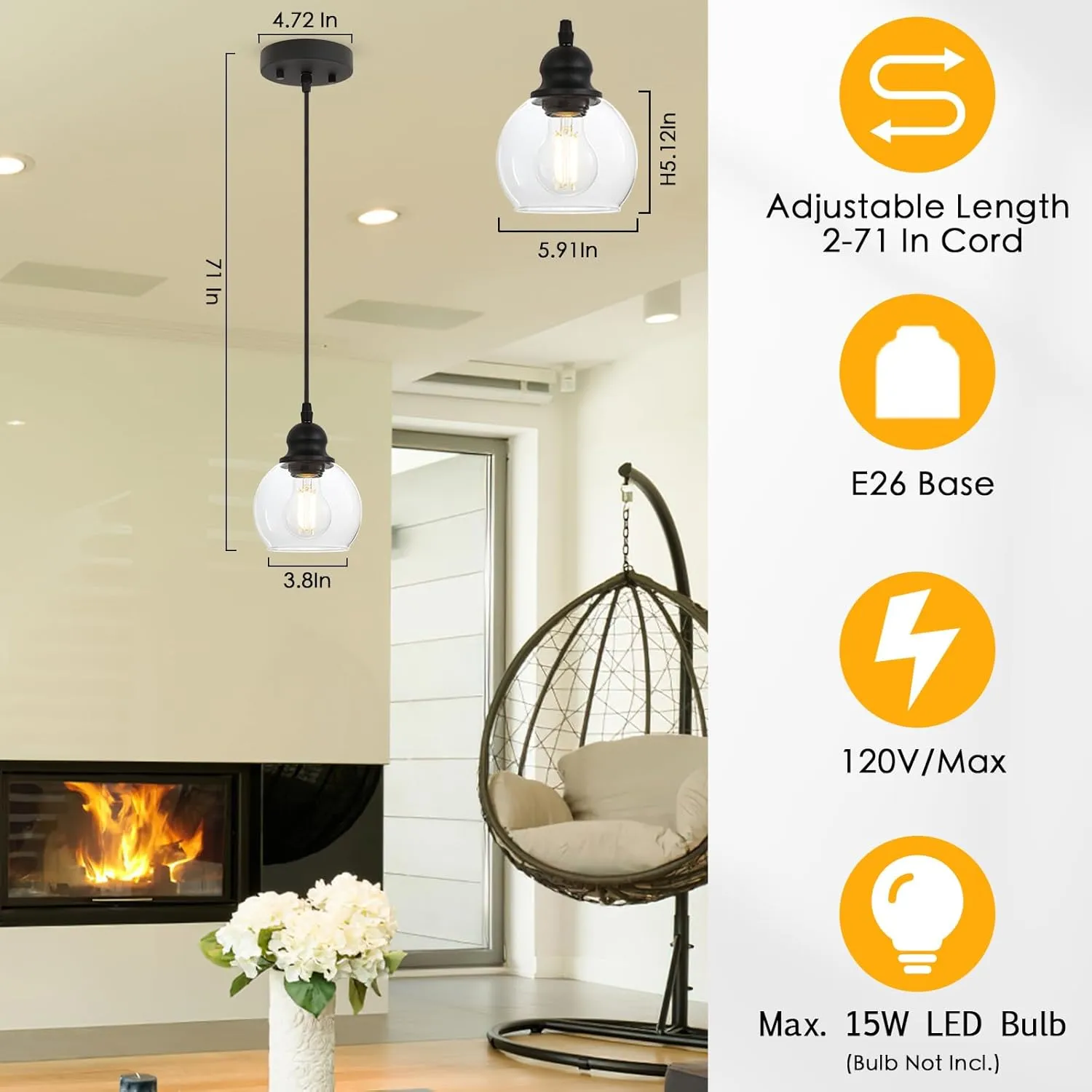 BoostArea Modern Pendant Light Fixtures, Industrial Hanging Ceiling Lamp with Clear Glass Shade, Pendant Lighting for Kitchen Island Living Room Hallway Bedroom Dining Hall Office Bar Farmhouse