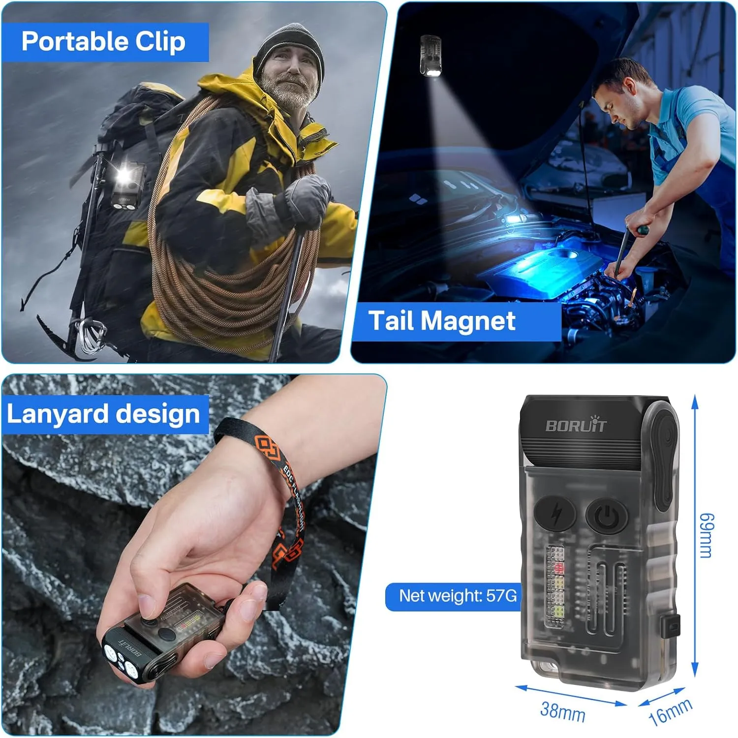 BORUIT V20 LED Small Powerful EDC Flashlight with Clip,180°Head Swivels,Super Bright USB C Rechargeable Mini Pocket Keychain Flash Light with Red COB Light-14 Mode,IP67,Magnetic,110DB Buzzer(Black)