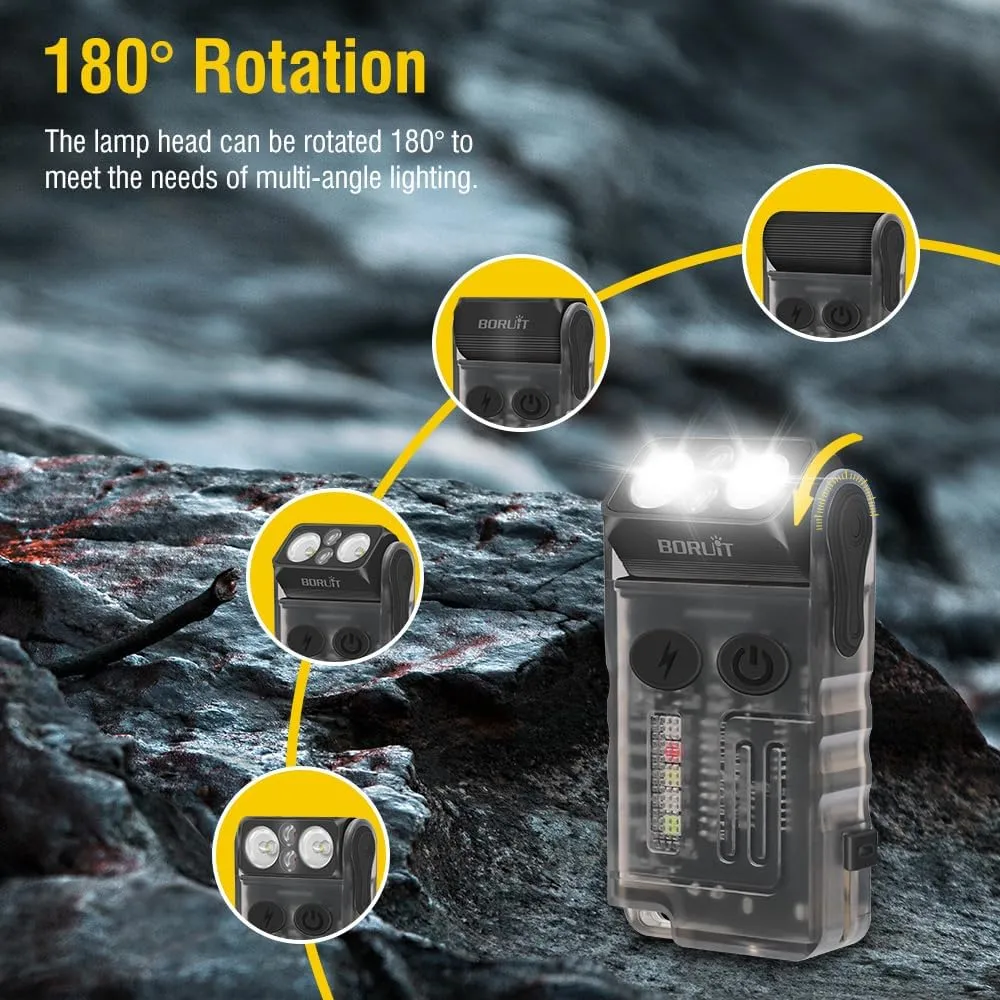 BORUIT V20 Small Powerful Pocket Flashlight,180°Head Swivels with Cob Side Light and Atmosphere Lamp Cap,Ip67 USB C Rechargeable Flashlight with Clip,Lanyard and Keychain,Magnetic Buzzer-13 Modes