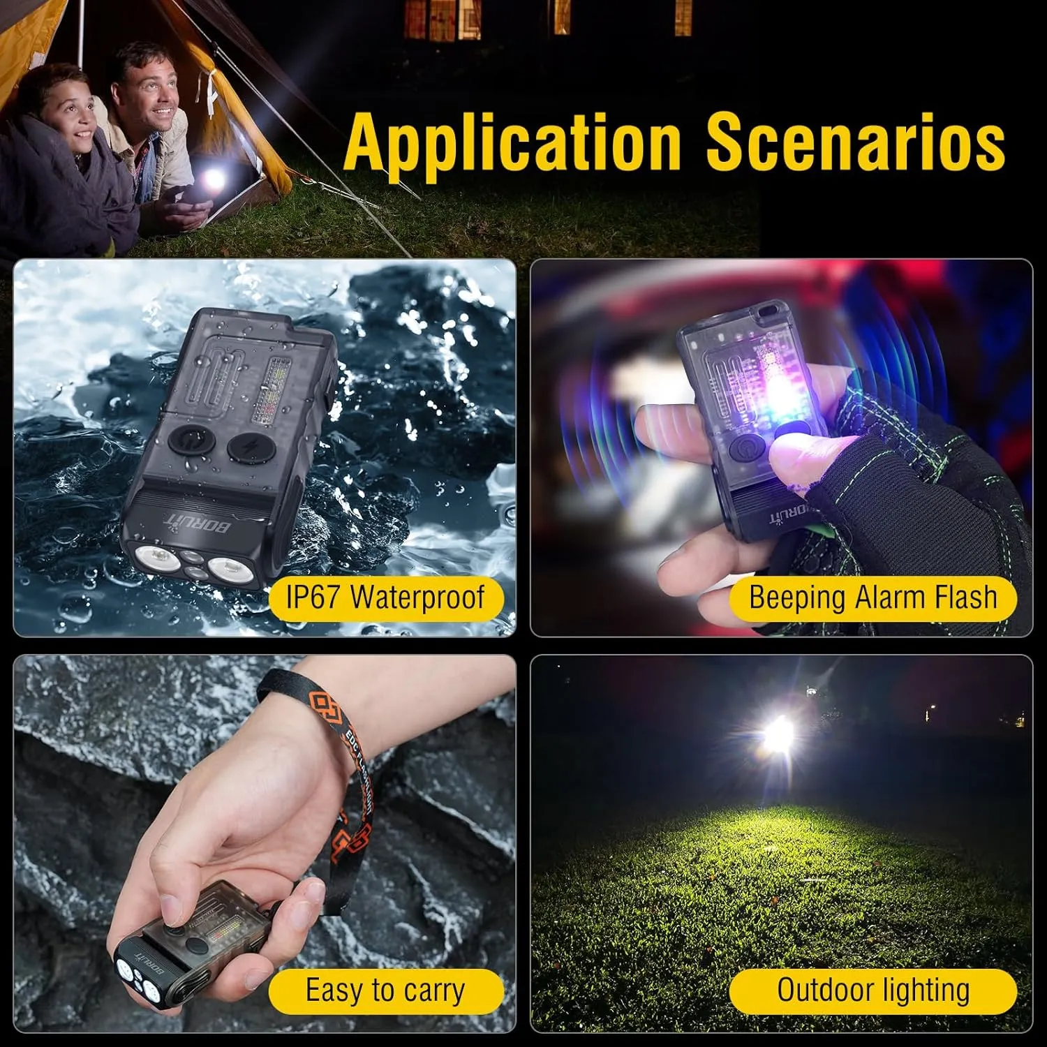 BORUIT V20 Small Powerful Pocket Flashlight,180°Head Swivels with Cob Side Light and Atmosphere Lamp Cap,Ip67 USB C Rechargeable Flashlight with Clip,Lanyard and Keychain,Magnetic Buzzer-13 Modes