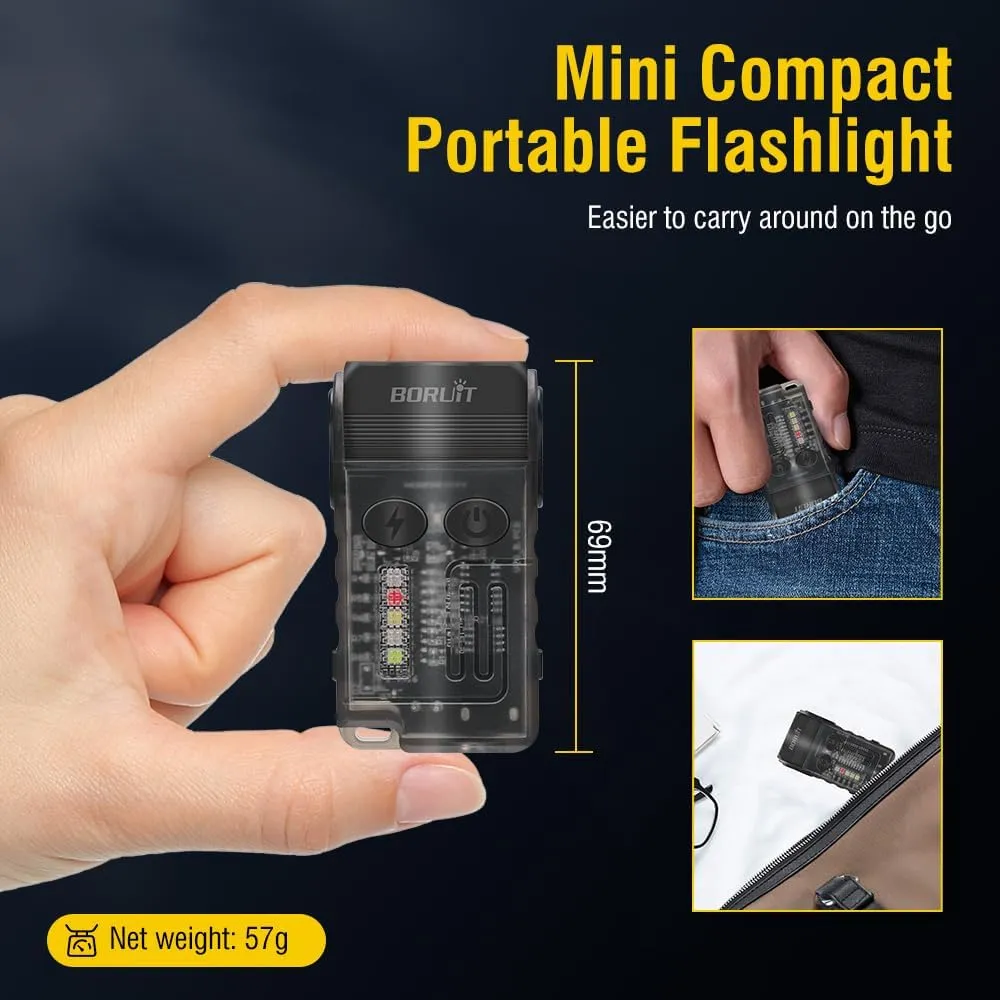 BORUIT V20 Small Powerful Pocket Flashlight,180°Head Swivels with Cob Side Light and Atmosphere Lamp Cap,Ip67 USB C Rechargeable Flashlight with Clip,Lanyard and Keychain,Magnetic Buzzer-13 Modes