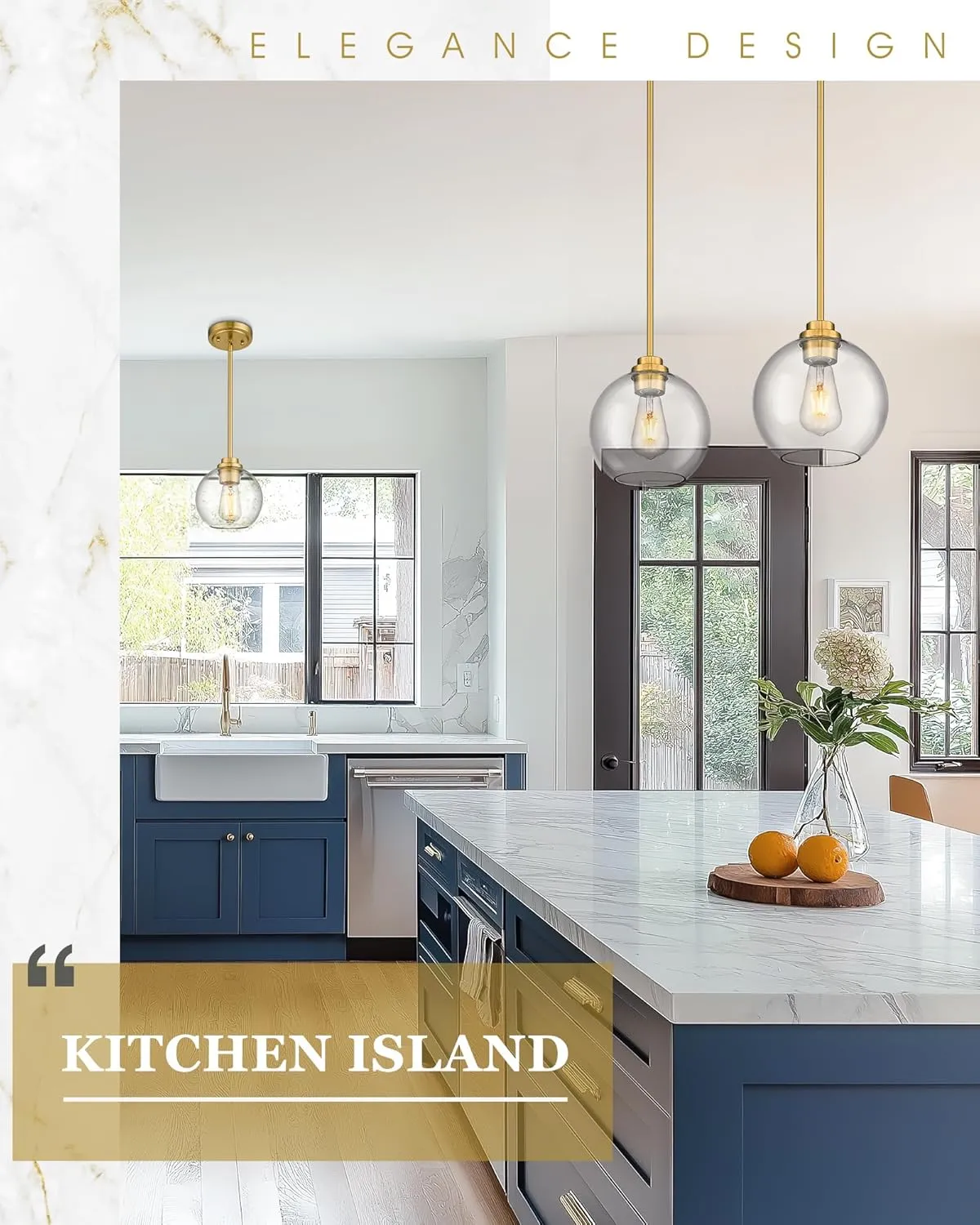 Brass Pendant Lights Kitchen Island 2 Pack, Farmhouse Gold Pendant Light with Clear Glass Globe Shade, Kitchen Island Lighting for Dining Room Entryway, AD-22280-1P2-GD-C