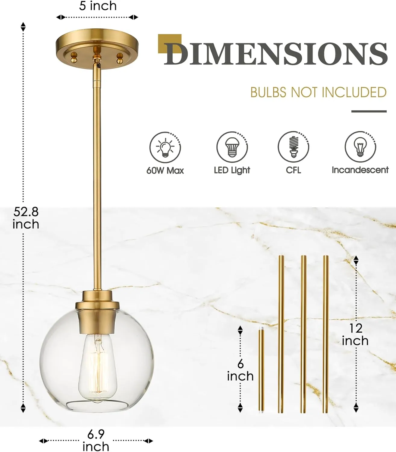 Brass Pendant Lights Kitchen Island 2 Pack, Farmhouse Gold Pendant Light with Clear Glass Globe Shade, Kitchen Island Lighting for Dining Room Entryway, AD-22280-1P2-GD-C