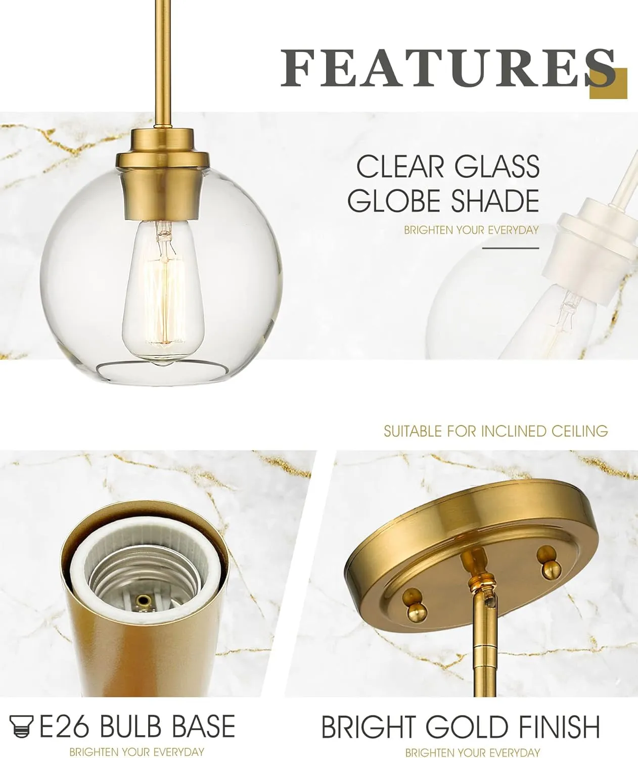 Brass Pendant Lights Kitchen Island 2 Pack, Farmhouse Gold Pendant Light with Clear Glass Globe Shade, Kitchen Island Lighting for Dining Room Entryway, AD-22280-1P2-GD-C