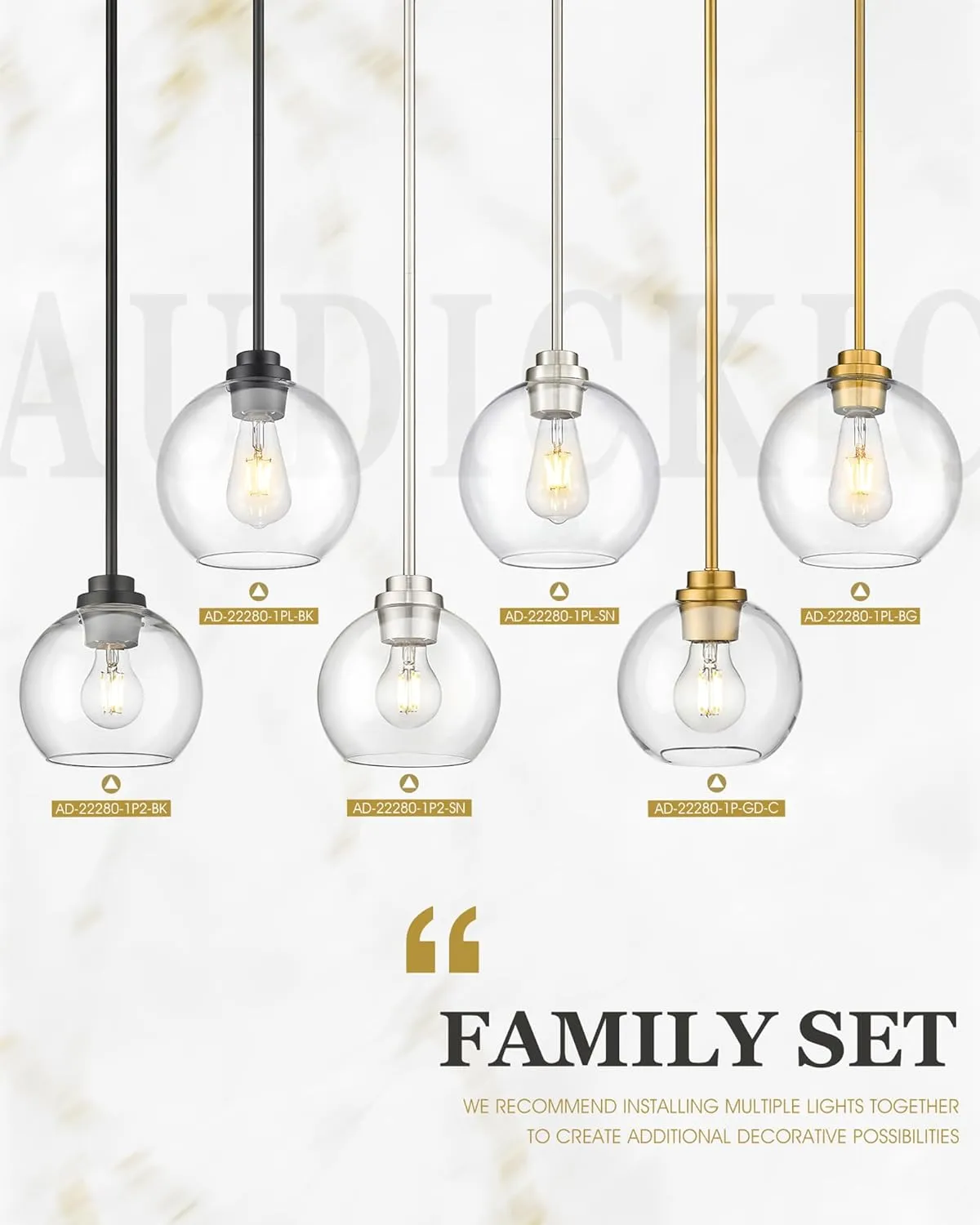 Brass Pendant Lights Kitchen Island 2 Pack, Farmhouse Gold Pendant Light with Clear Glass Globe Shade, Kitchen Island Lighting for Dining Room Entryway, AD-22280-1P2-GD-C