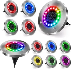 Brizled 12 Pack Color Changing Solar Ground Lights, 16 LED Outdoor Pathway Lights Landscape Lighting, Multicolor Solar Disk Light, Waterproof Disc Puck Light for Pathway Garden Yard Lawn Walkway Decor
