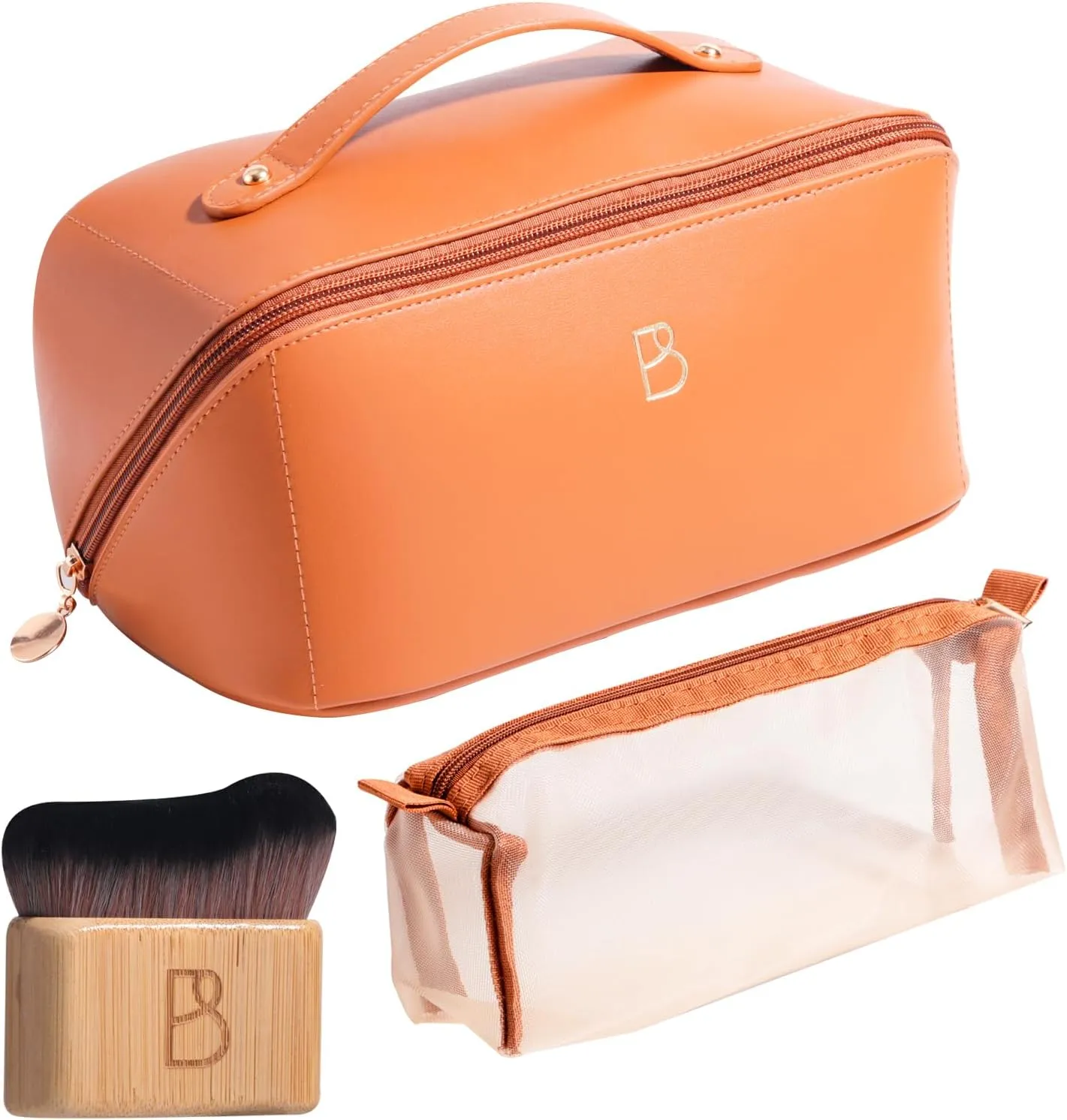 BS-MALL Travel Makeup Bag – Portable Large Capacity Toiletry Bag Perfect for Organizing Travel Size Toiletries, Flat Opening for Easy Access with 1 Makeup Brush & Zipper Bag