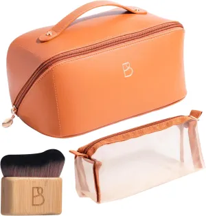 BS-MALL Travel Makeup Bag – Portable Large Capacity Toiletry Bag Perfect for Organizing Travel Size Toiletries, Flat Opening for Easy Access with 1 Makeup Brush & Zipper Bag
