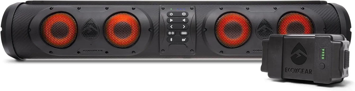 by ECOXGEAR SEB26R 500-Watt Amplified Battery Powered Powersports 8 Speaker Bluetooth LED Backlit Soundbar Waterproof Dirtproof with Standard Mounting Bracket