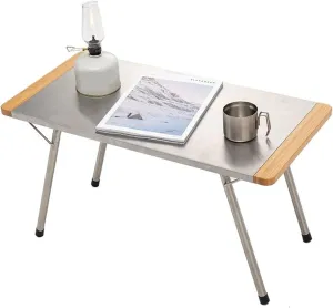 Camp Table Bamboo Stainless Steel Folding Table Portable with Carry Bag BBQ Stable Frame for Outdoor Camping