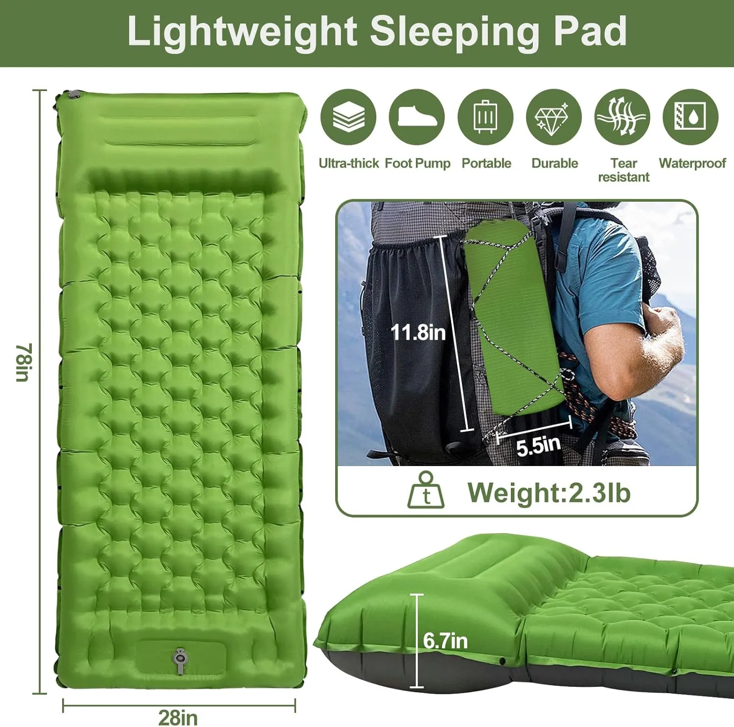 Camping Sleeping Pad, 50D Extra Thickness 4.7 Inch Inflatable Sleeping Mat Lightweight Waterproof Camping Pad, Foot Self-Inflating Sleeping Pads for Backpacking, Hiking, Traveling (Green Grey)