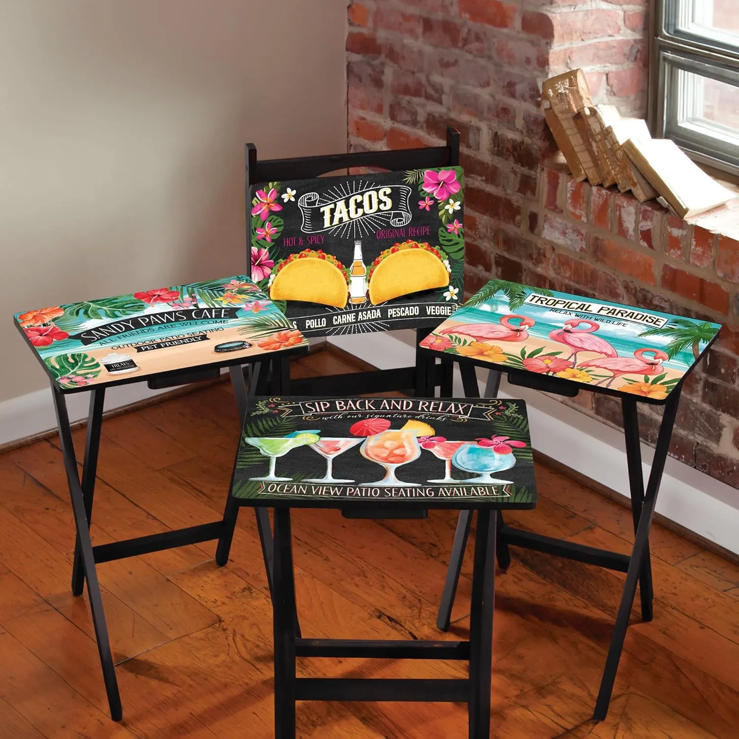 Cape Craftsmen Classic TV Trays Table | Set of 4 | Rectangular Folding Couch Trays | Easy Storage Decorative Portabe Serving Tables for Home Activities (Beach Vacation)